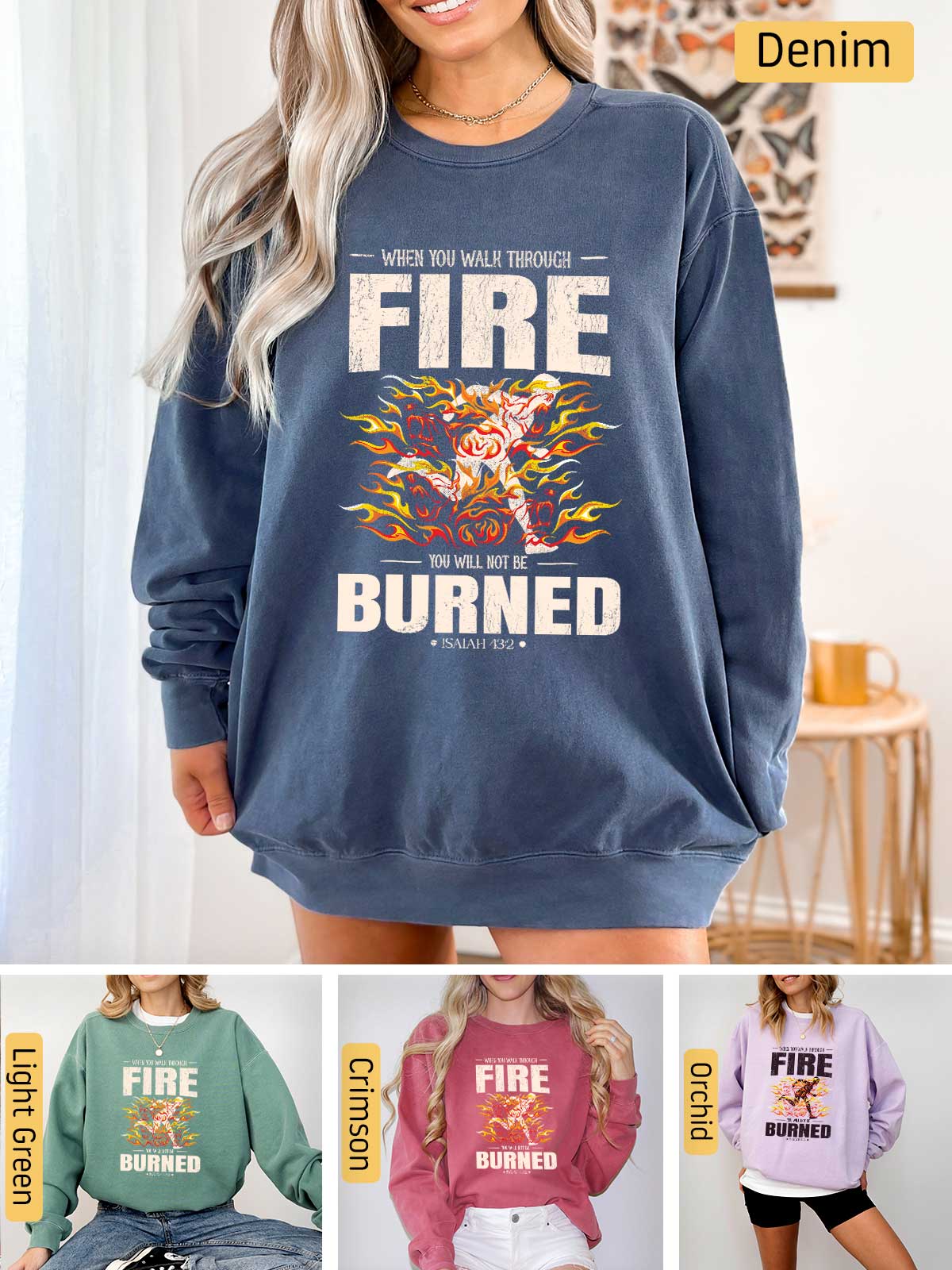 a woman wearing a fire burned sweatshirt