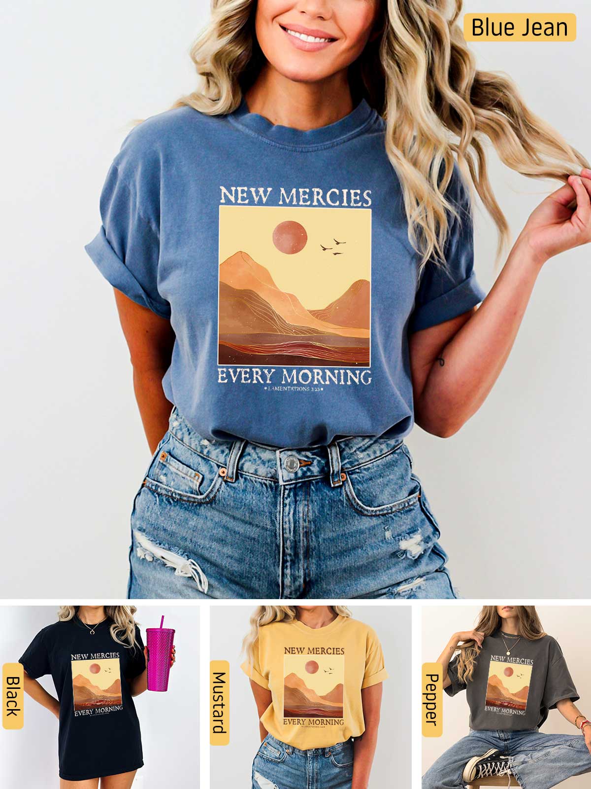 a woman wearing a new mercies every morning t - shirt