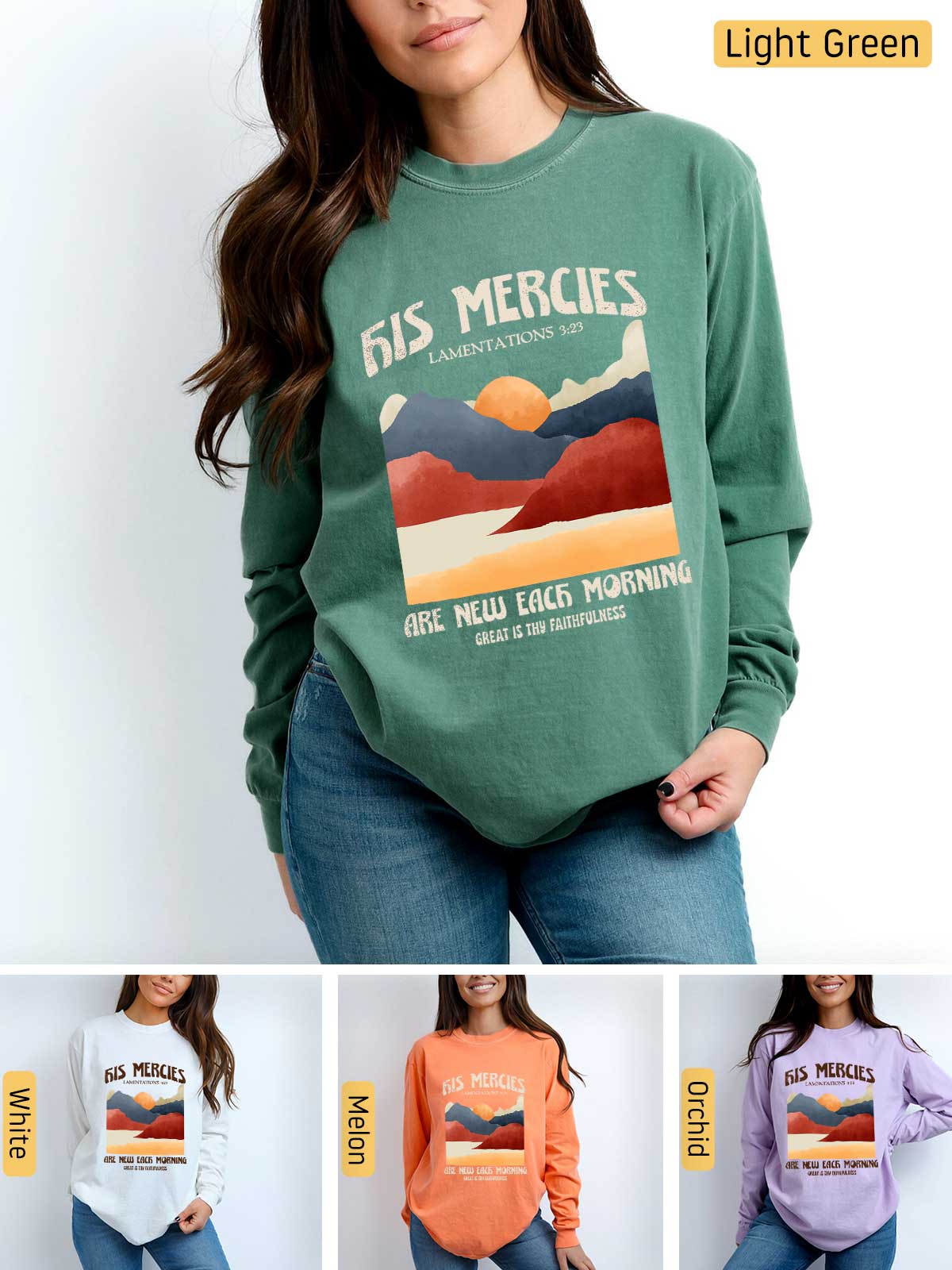 a woman wearing a sweatshirt with a mountain scene on it