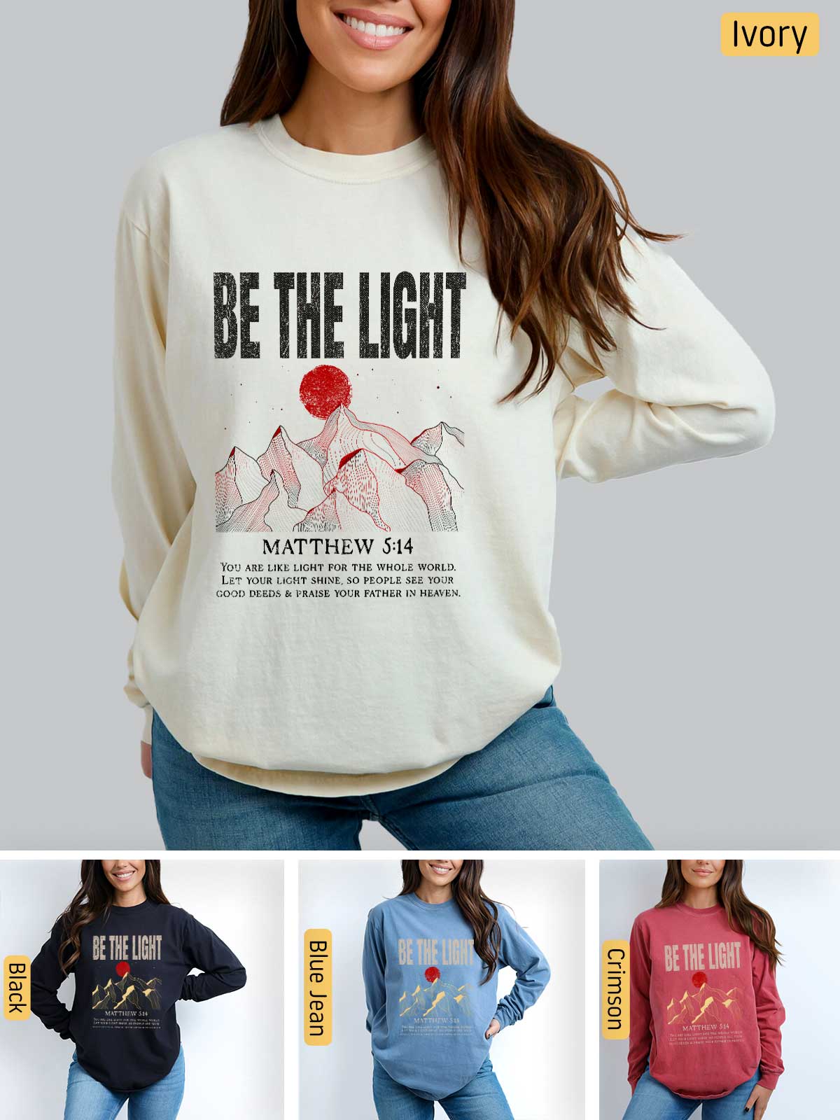 a woman wearing a sweatshirt that says be the light