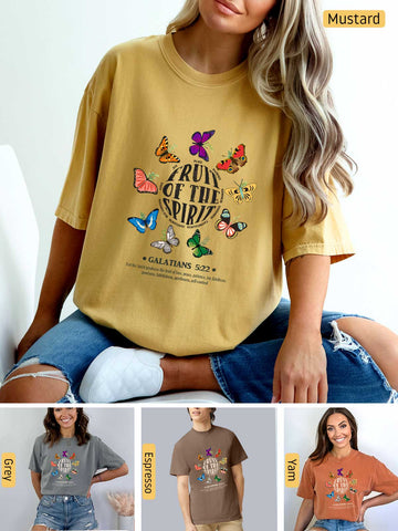 a woman wearing a mustard colored tshirt with butterflies on it