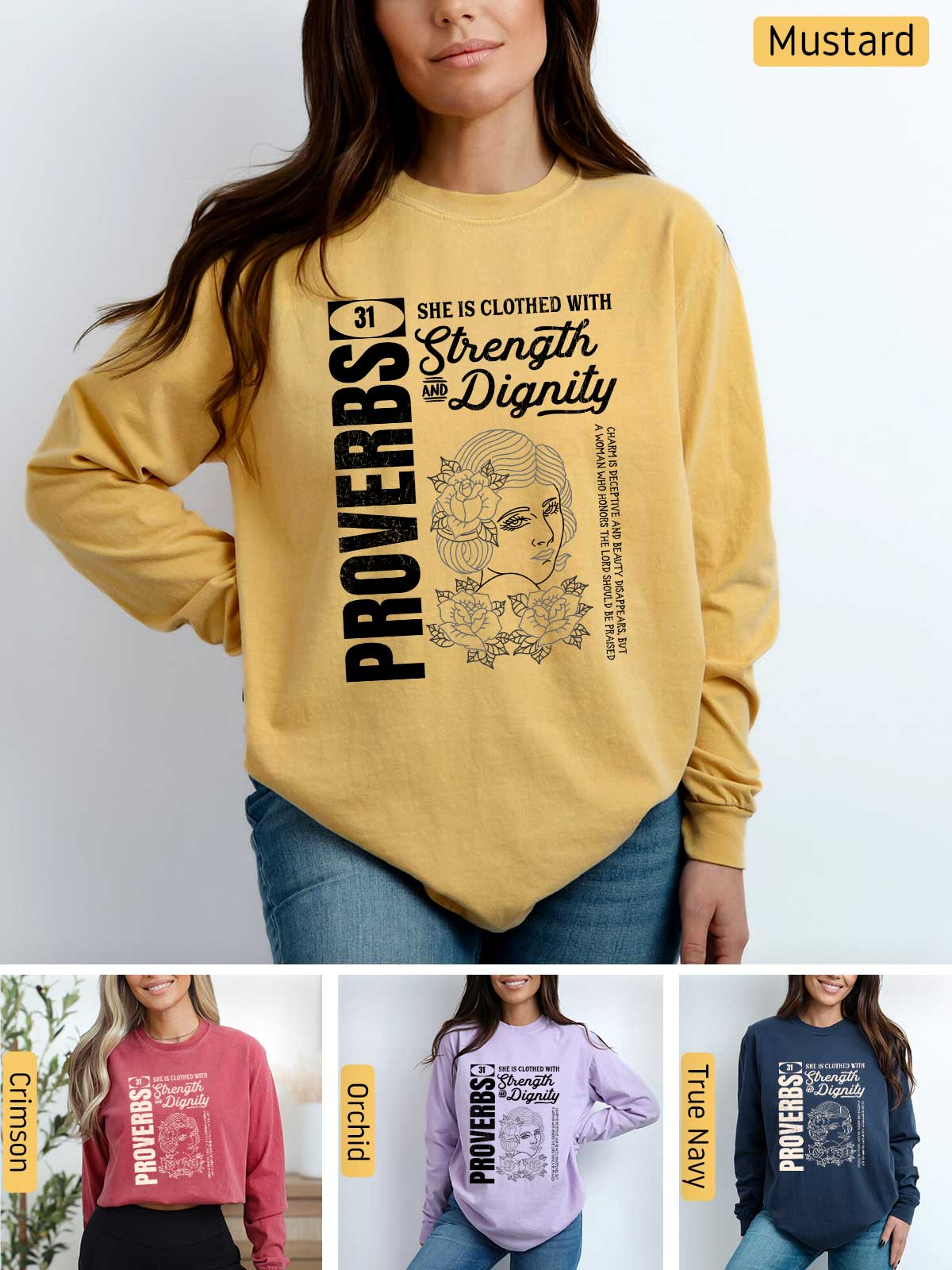 a woman wearing a yellow sweatshirt with the words, the clothes with the strength of