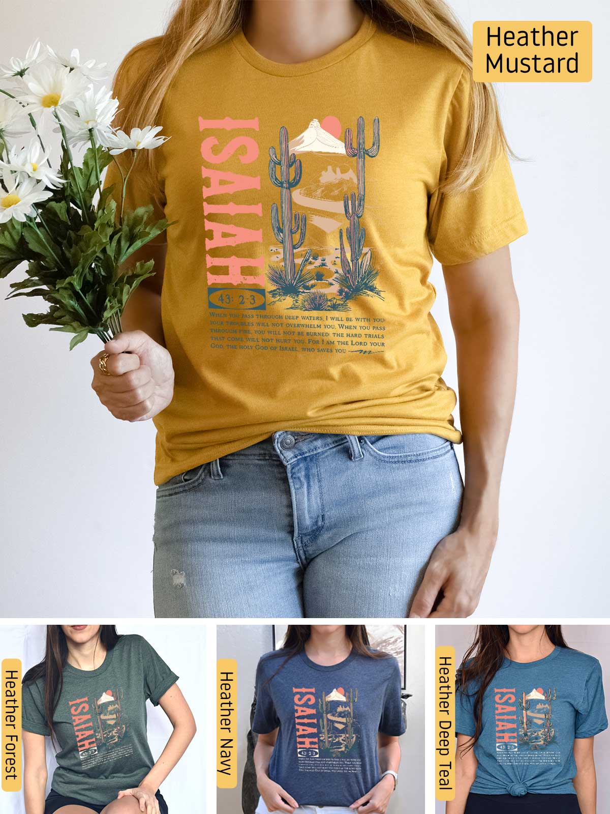 a woman wearing a mustard colored t - shirt with a cactus on it