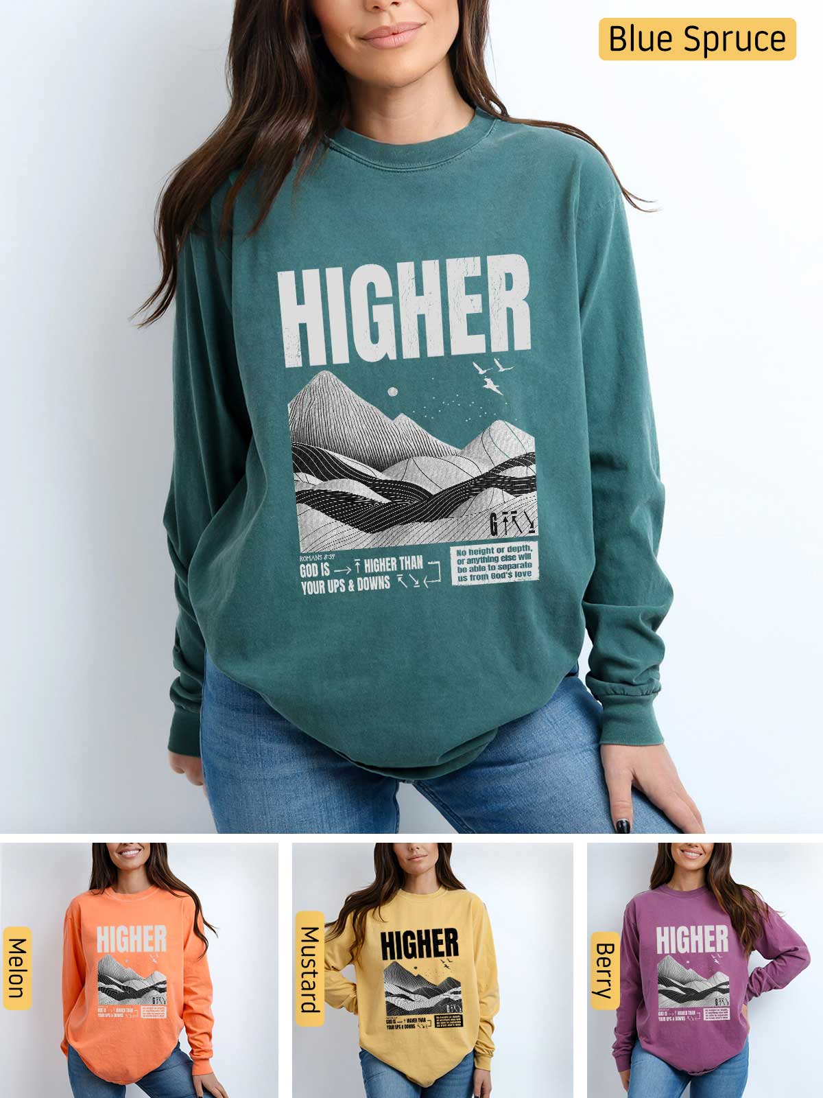 a woman wearing a sweatshirt with the words higher on it