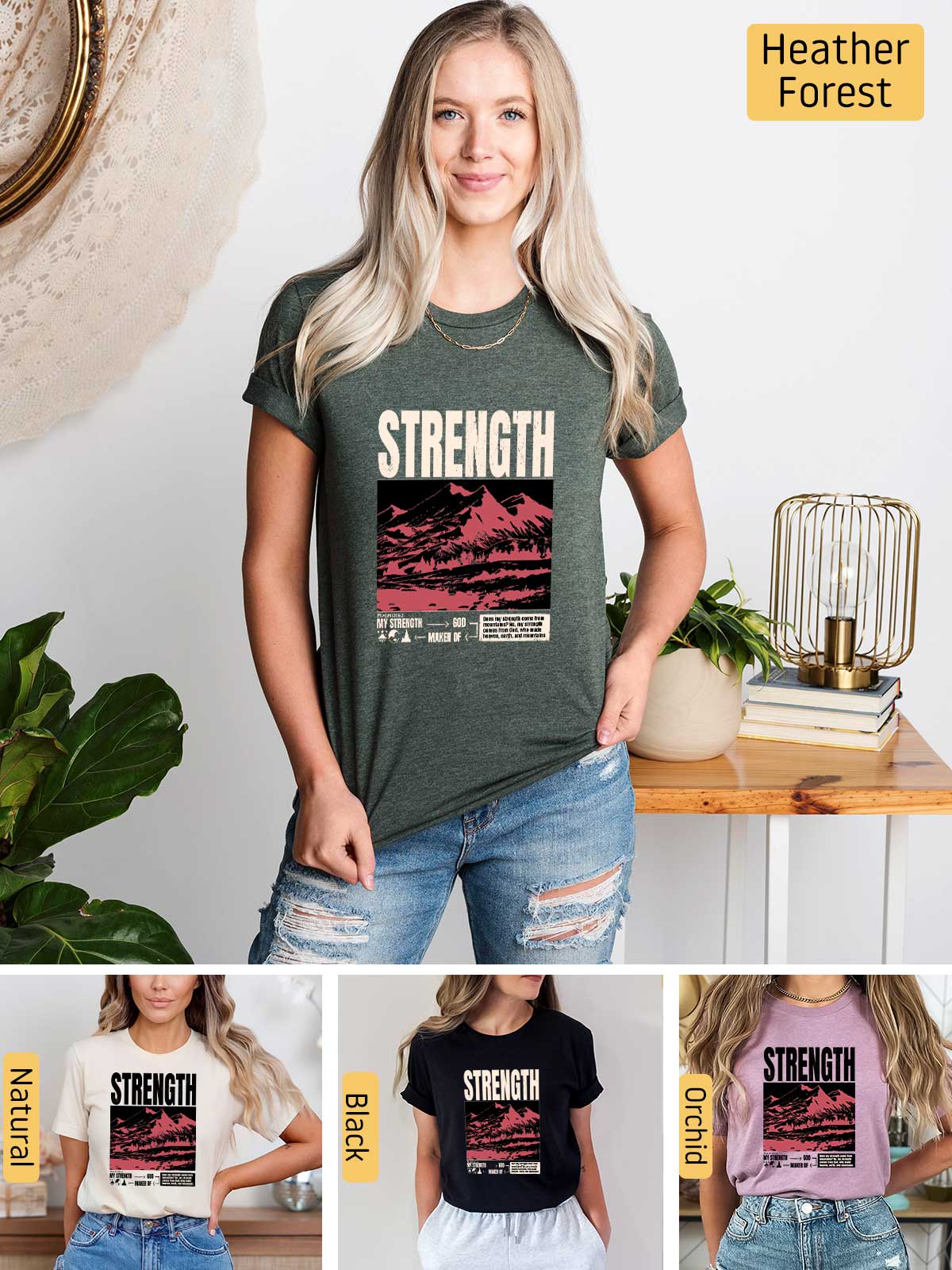 a woman wearing a t - shirt with the words strength on it