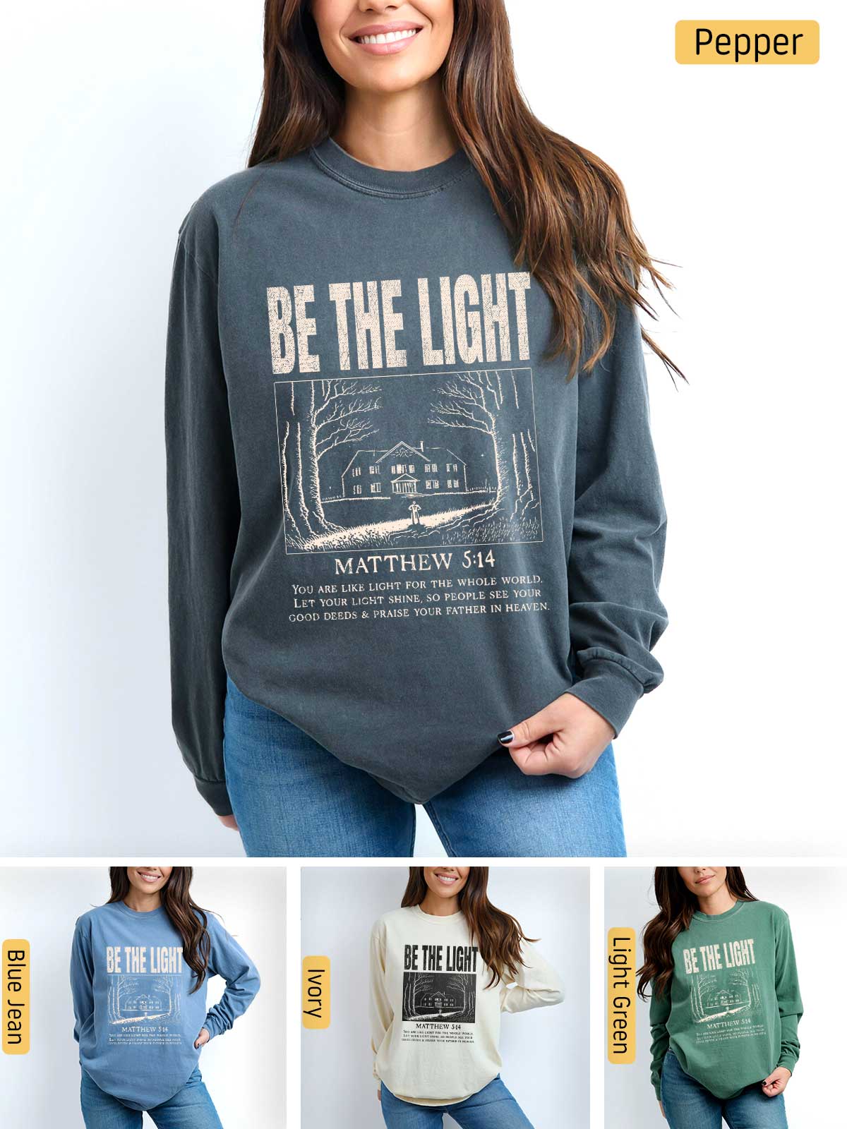 a woman wearing a sweatshirt that says be the light