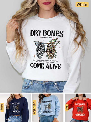 a woman wearing a long sleeved shirt that says dry bones come alive