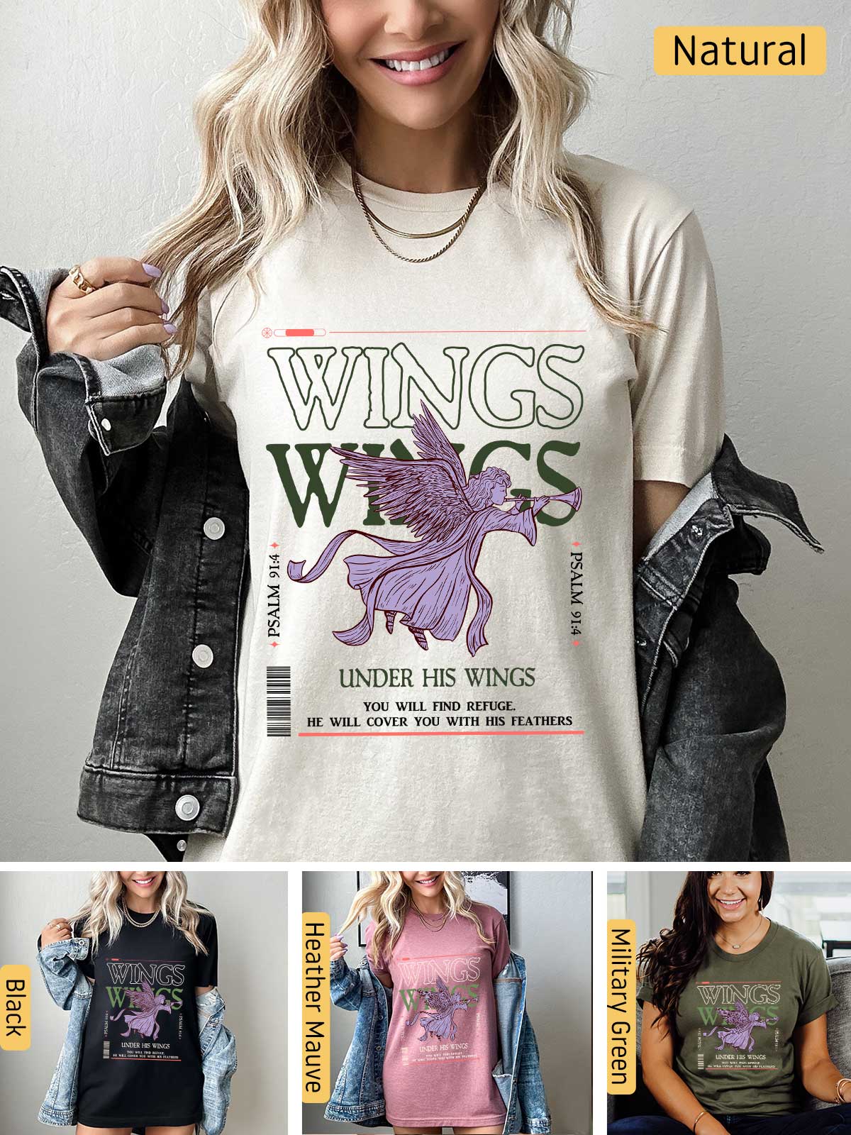 a woman wearing a t - shirt that says wings wings under his wings