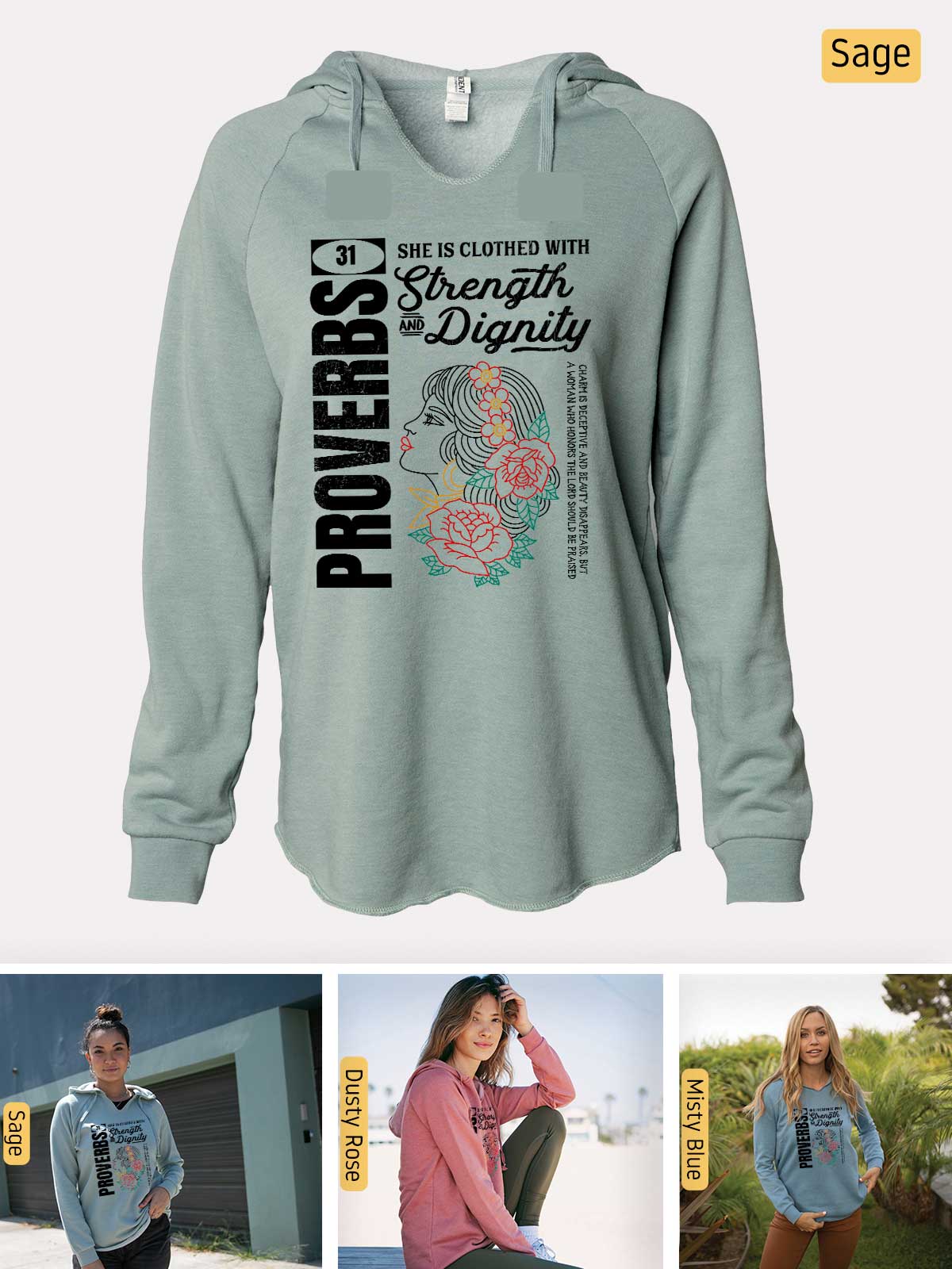 a women's hoodie with a picture of a woman sitting on a bench