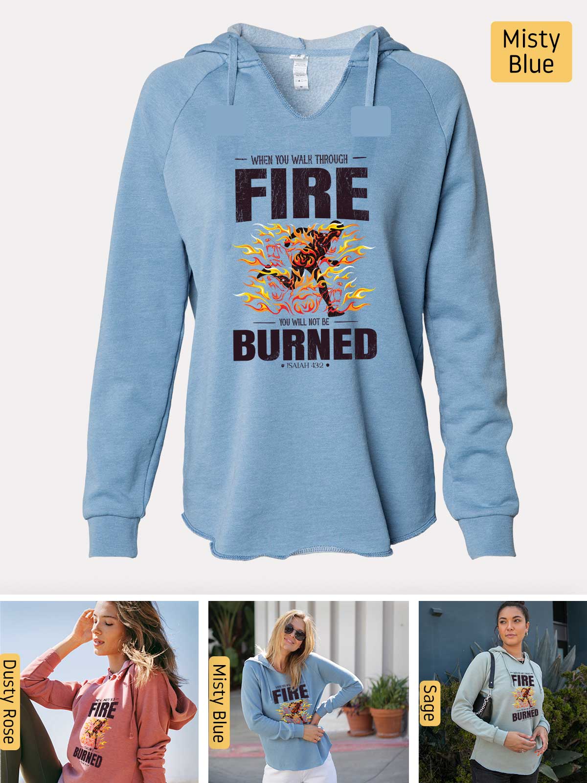 a woman wearing a blue sweatshirt with a fire burned on it