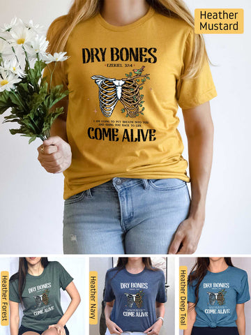 a woman wearing a dry bones t - shirt and holding a flower