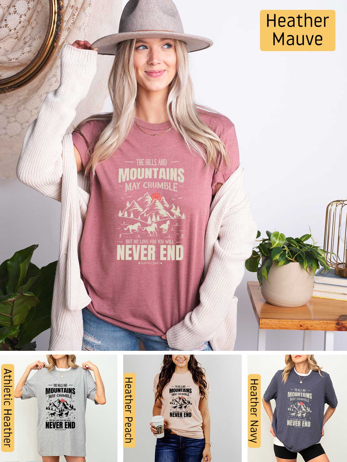 a woman wearing a hat and a t - shirt that says mountains never end
