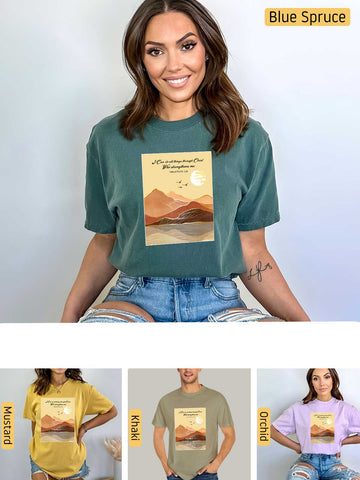 a woman wearing a t - shirt with a picture of a mountain on it