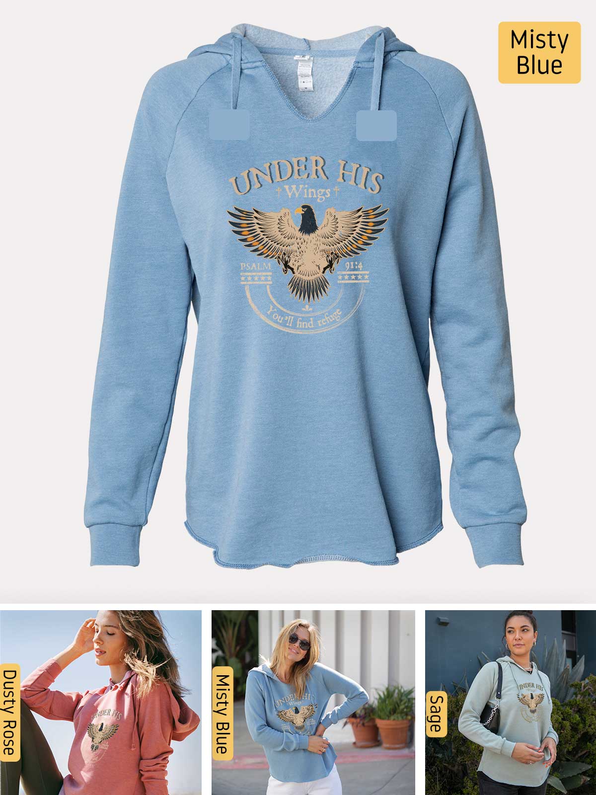 a woman wearing a blue sweatshirt with a bird on it