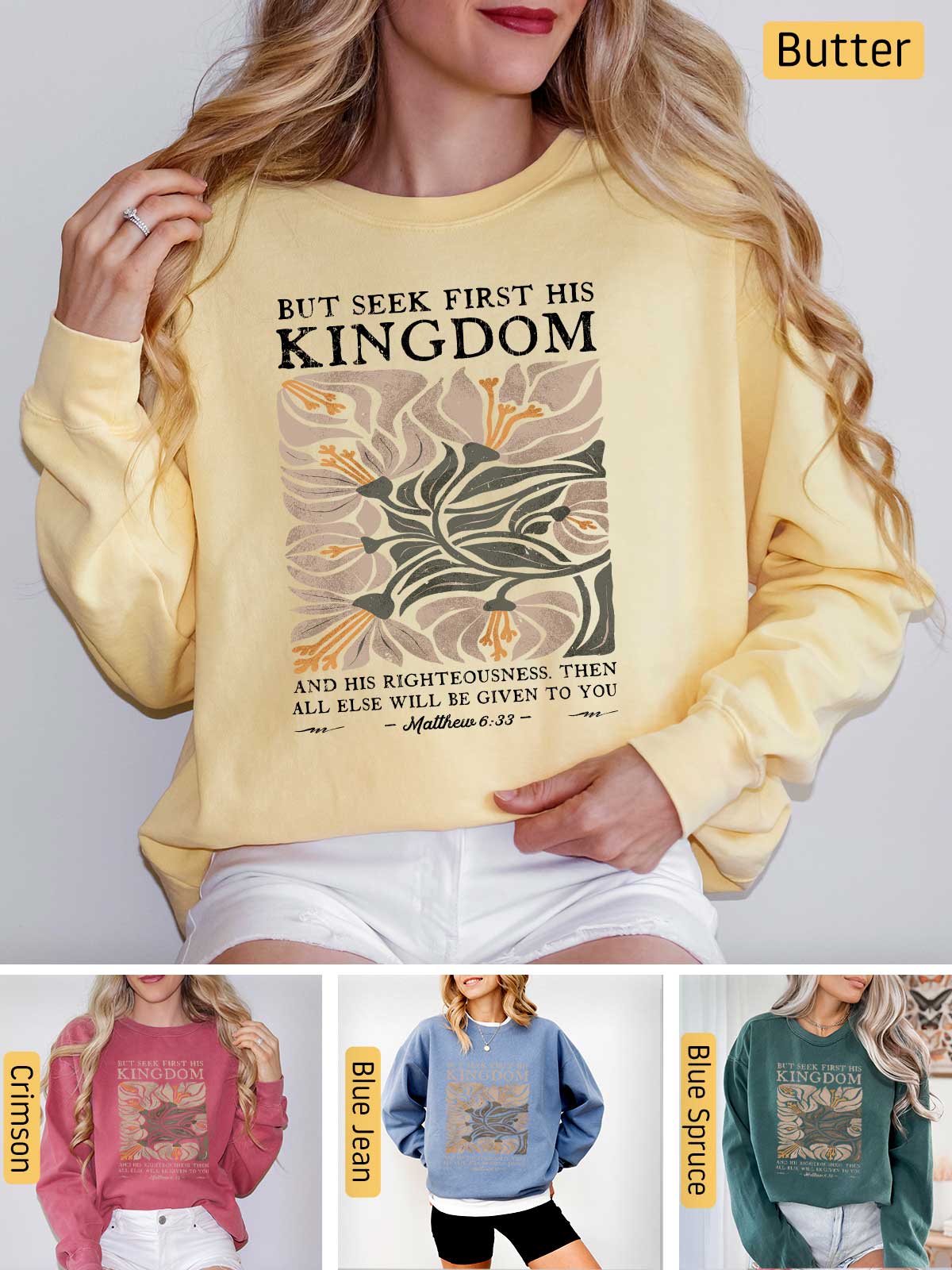 a woman wearing a yellow sweatshirt with the words, but seek first his kingdom and