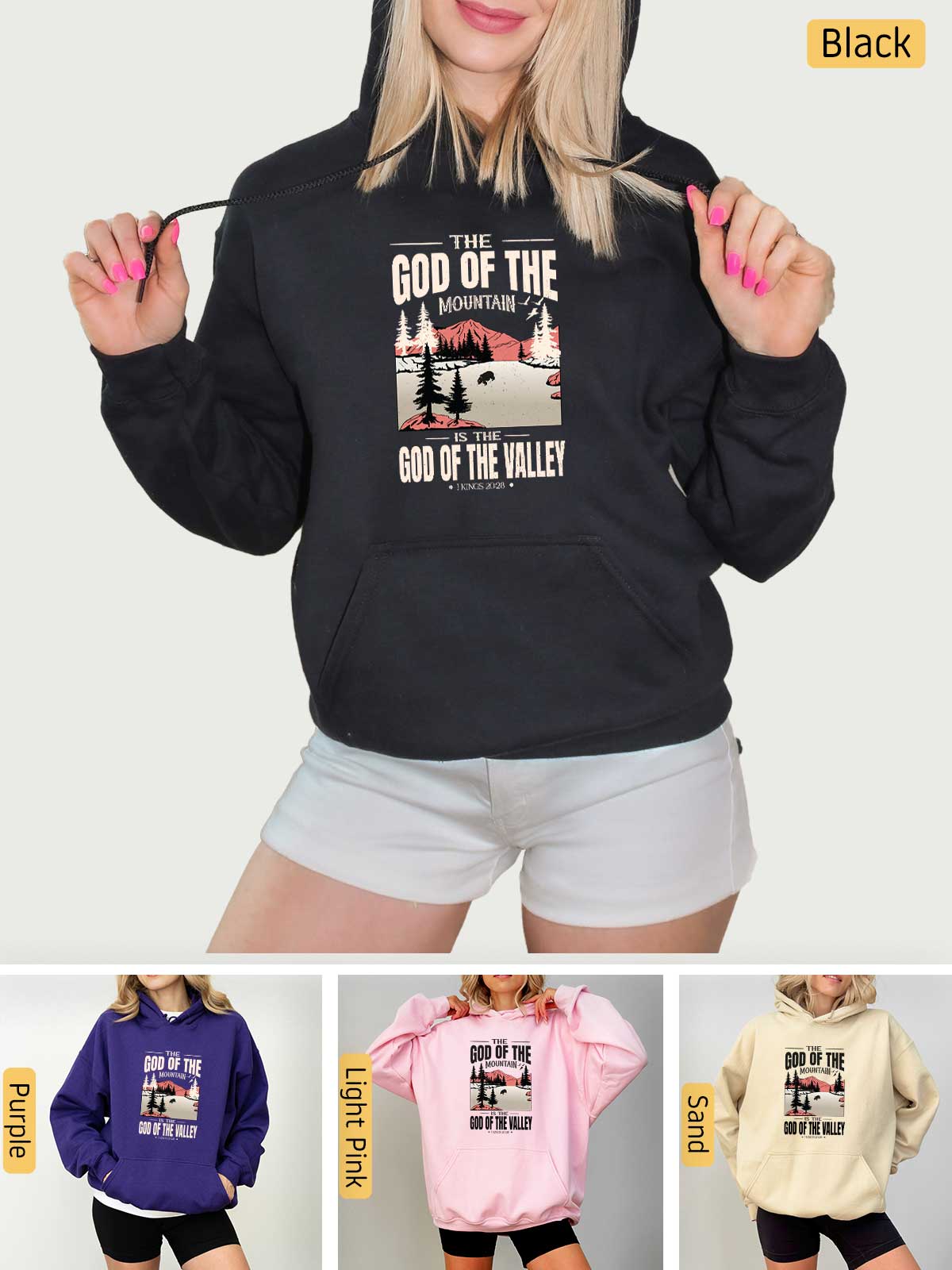 a woman wearing a hoodie and shorts with the words god of the valley on