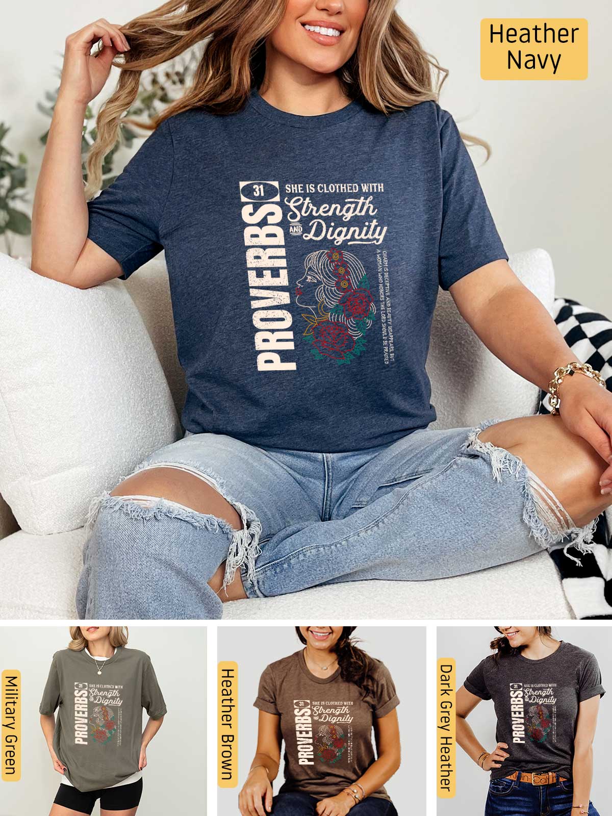 a woman sitting on a couch wearing a t - shirt