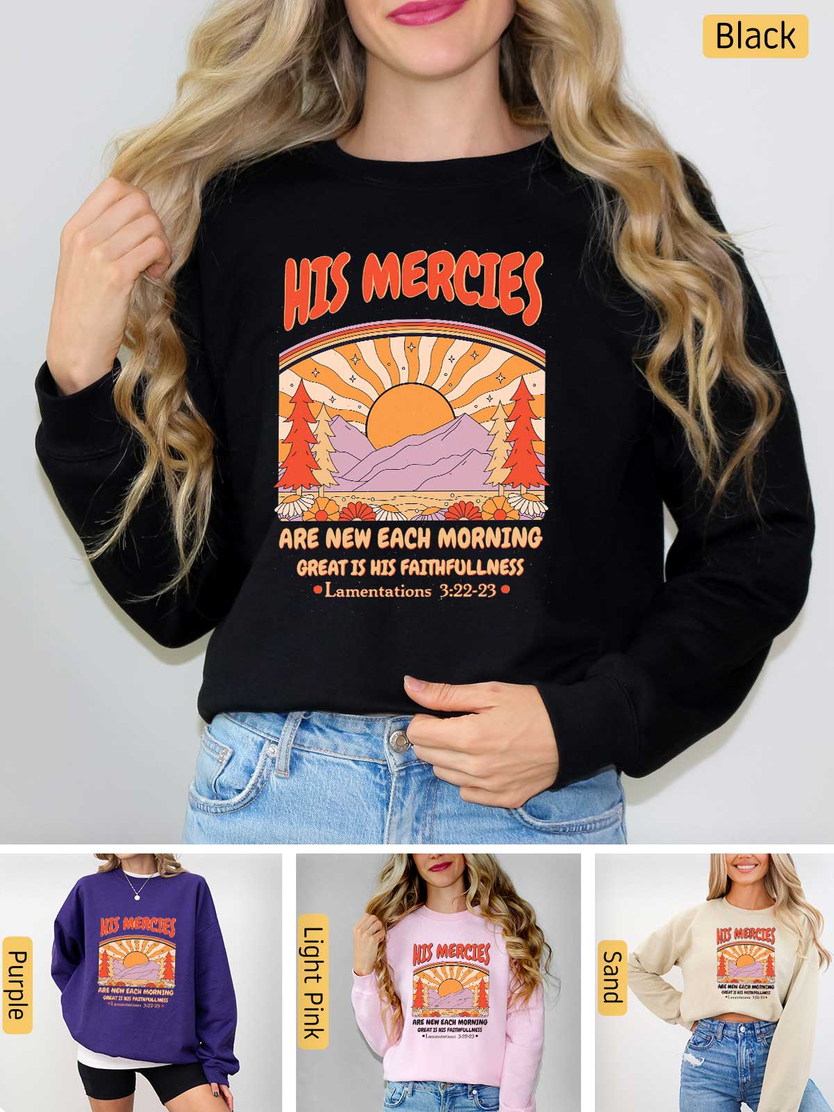 a woman wearing a black sweatshirt with the words hot mercies on it