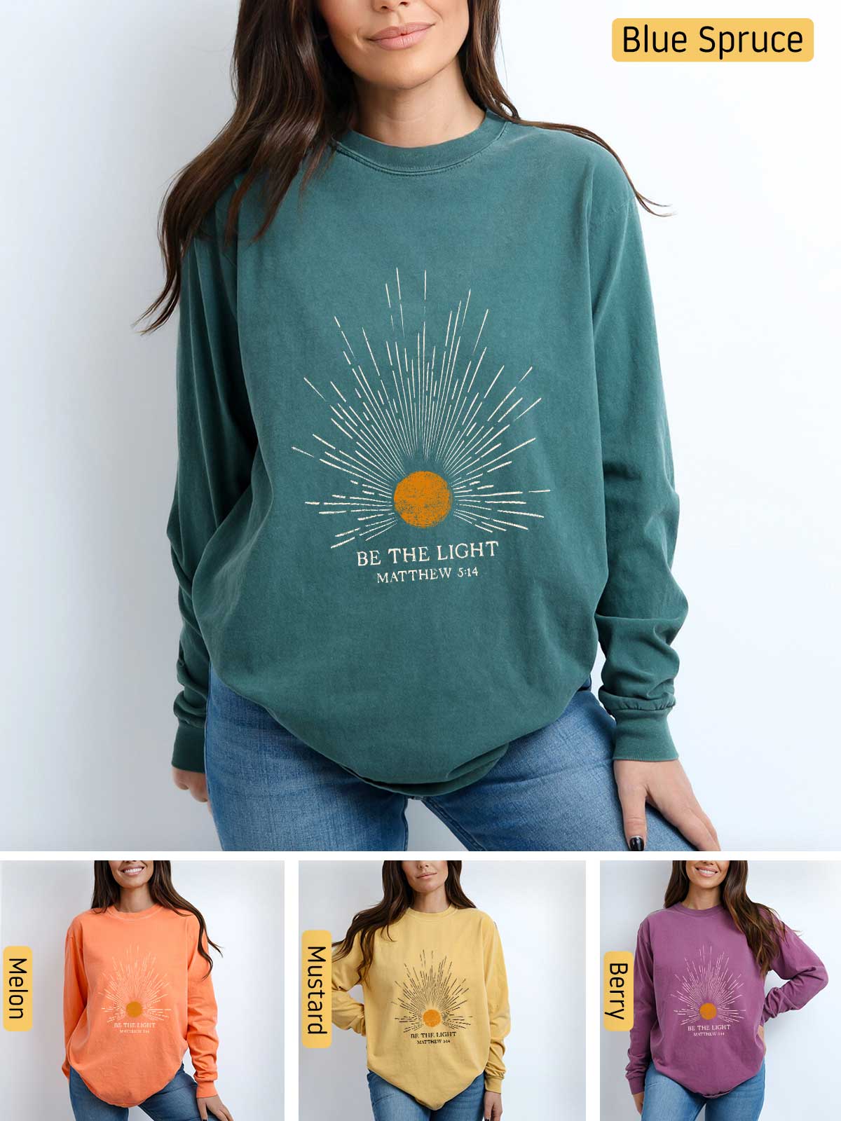 a woman wearing a sweatshirt with the words blue spruce on it