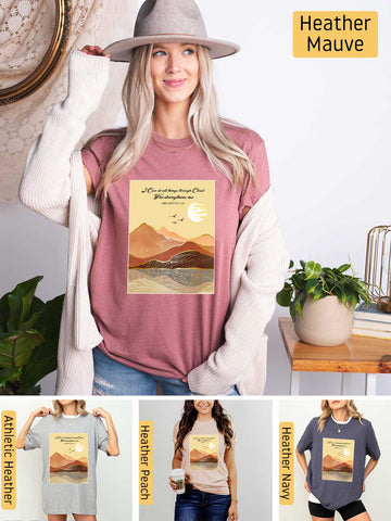 a woman wearing a t - shirt with a picture of a desert scene on it