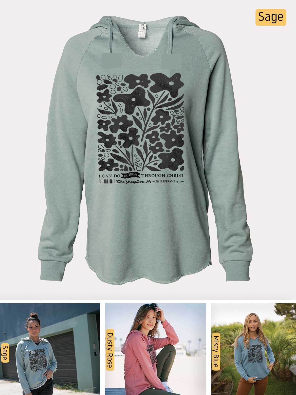a women's sweatshirt with a picture of a woman sitting on a bench