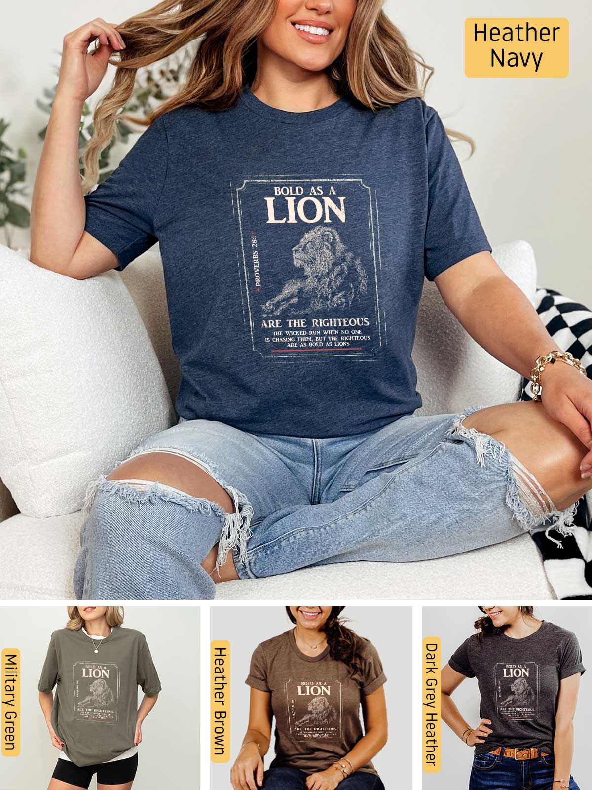 a woman sitting on a couch wearing a lion t - shirt