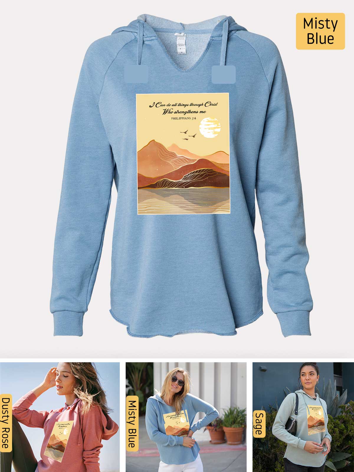 a blue sweatshirt with a picture of a woman wearing a blue hoodie