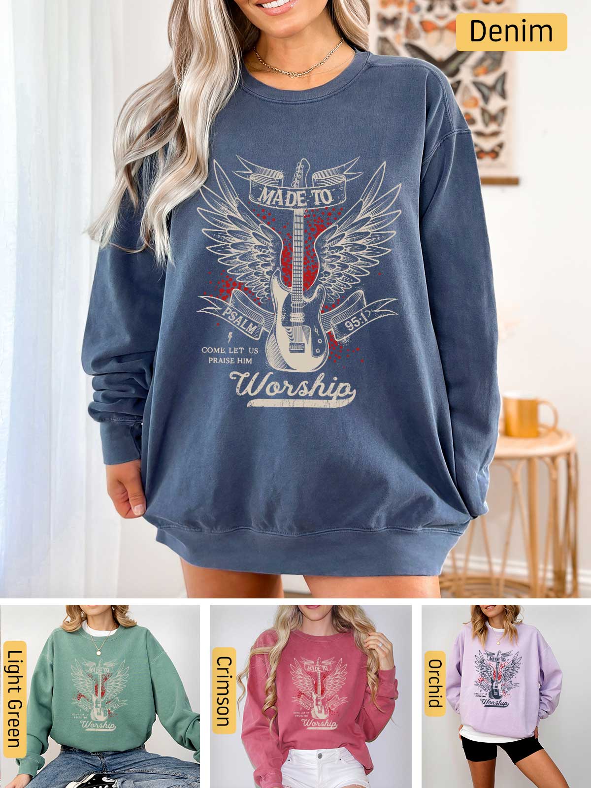 a woman wearing a sweatshirt with a guitar on it