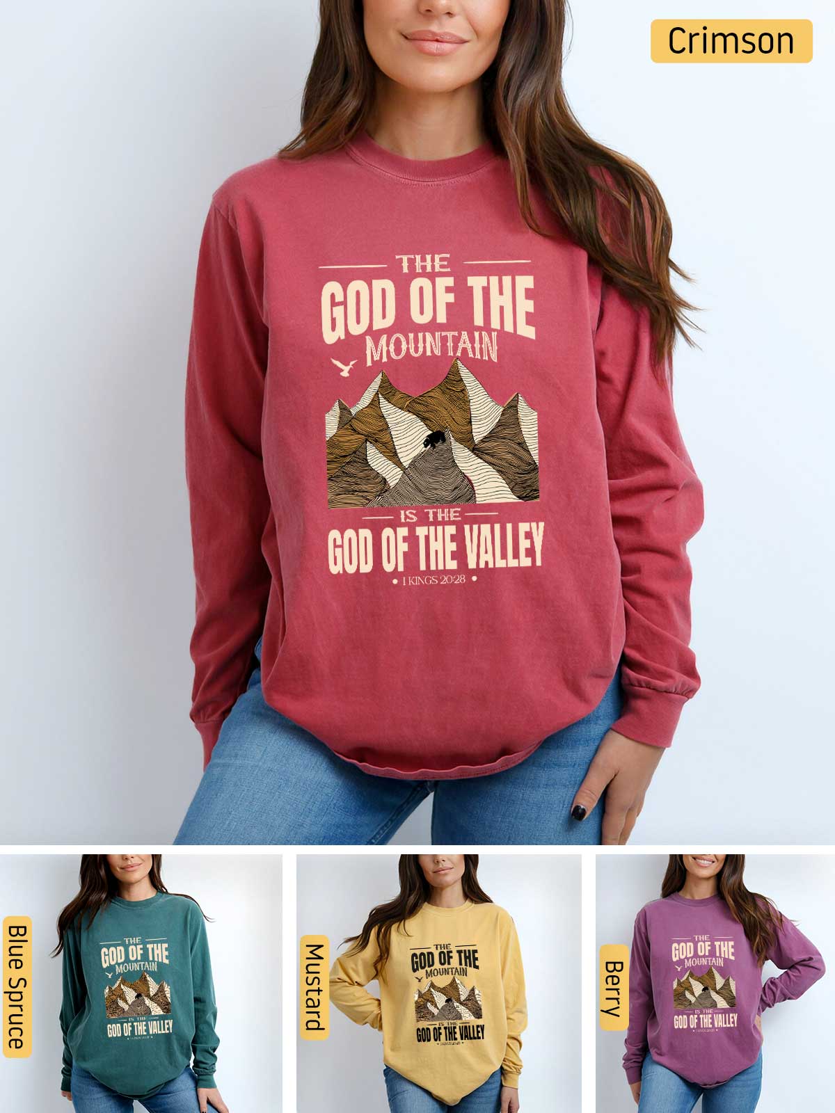 a woman wearing a red sweatshirt with the words god of the mountain on it