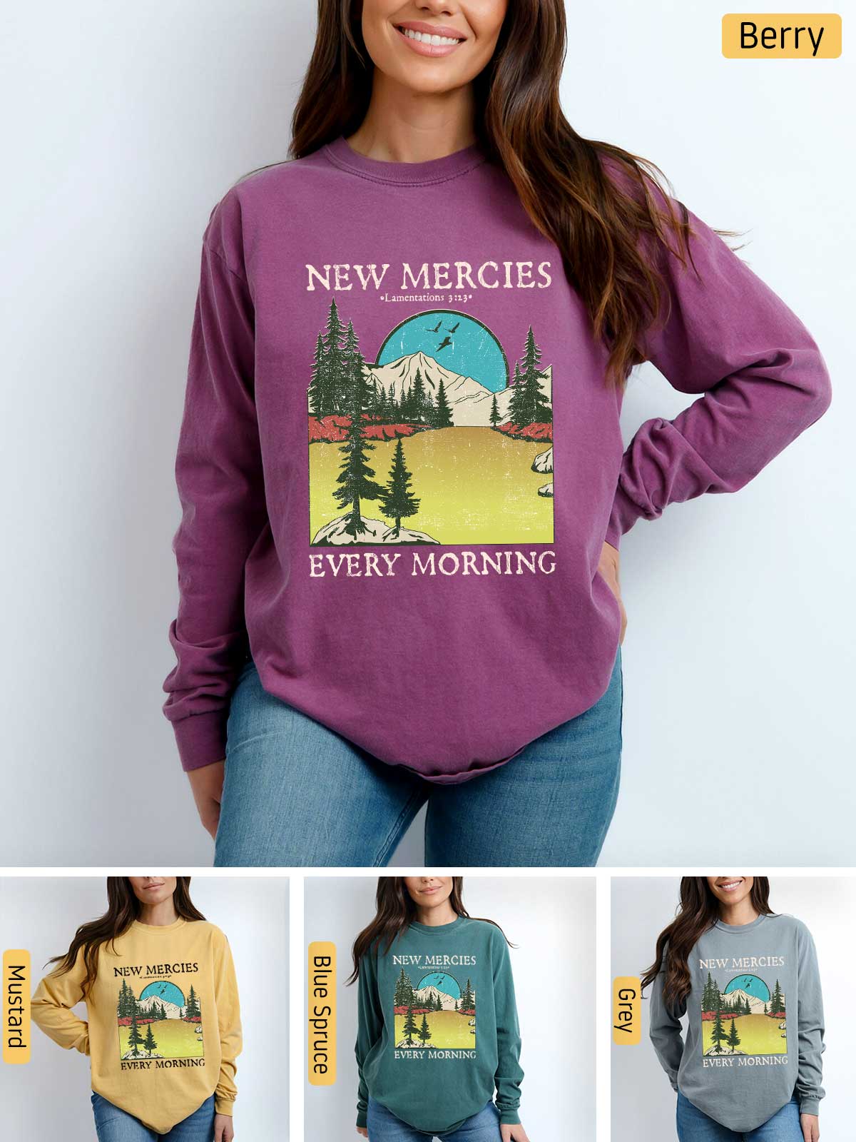 a woman wearing a new mercies every morning sweatshirt