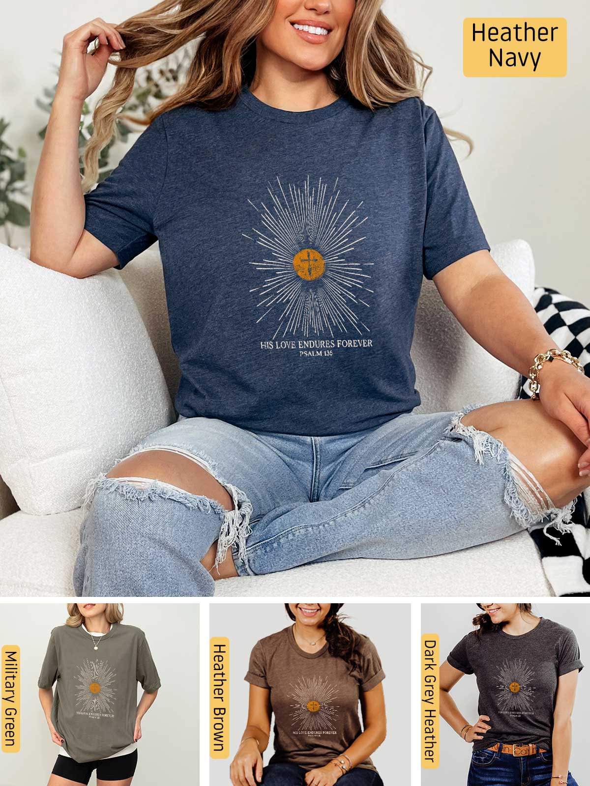 a woman sitting on top of a couch wearing a t - shirt