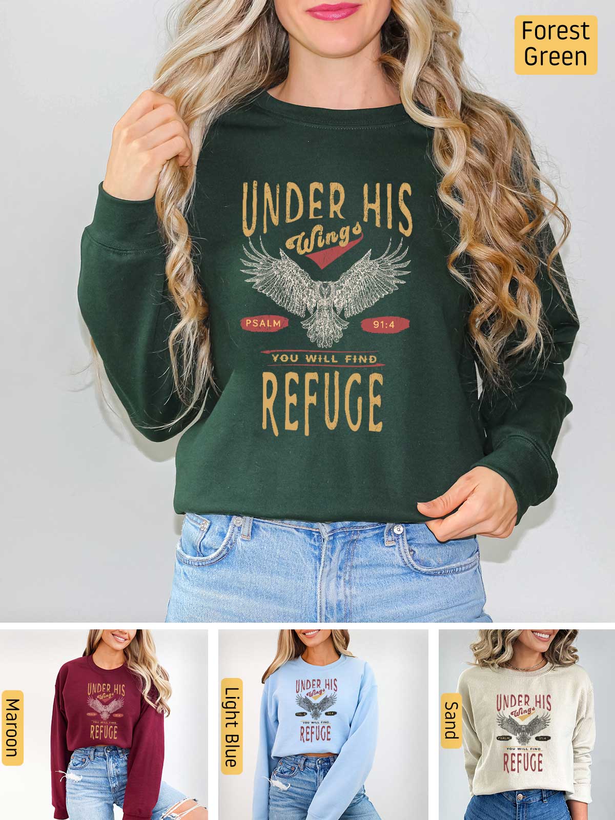 a woman wearing a green sweatshirt with the words under his wings refuge on it