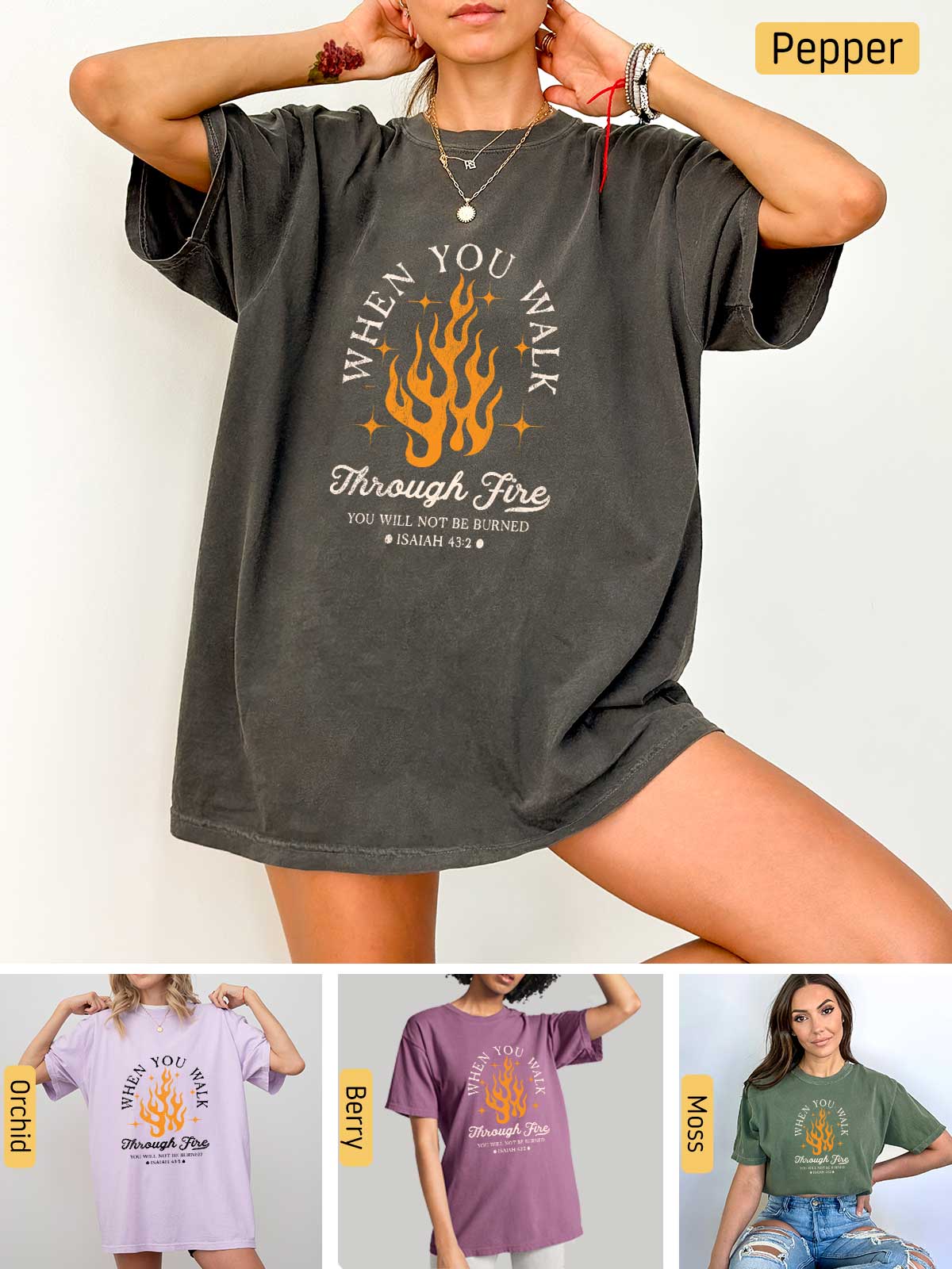 a woman wearing a t - shirt with a fire on it