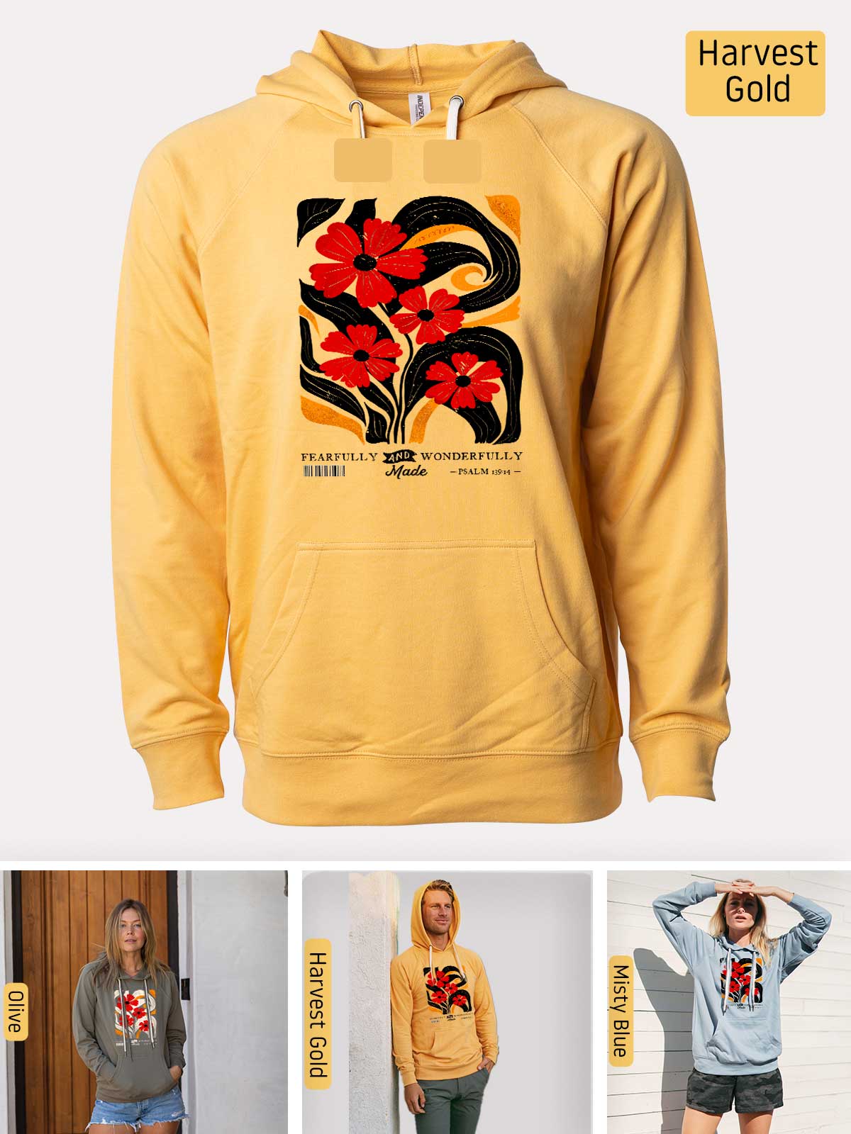 a woman wearing a yellow hoodie with a red flower on it