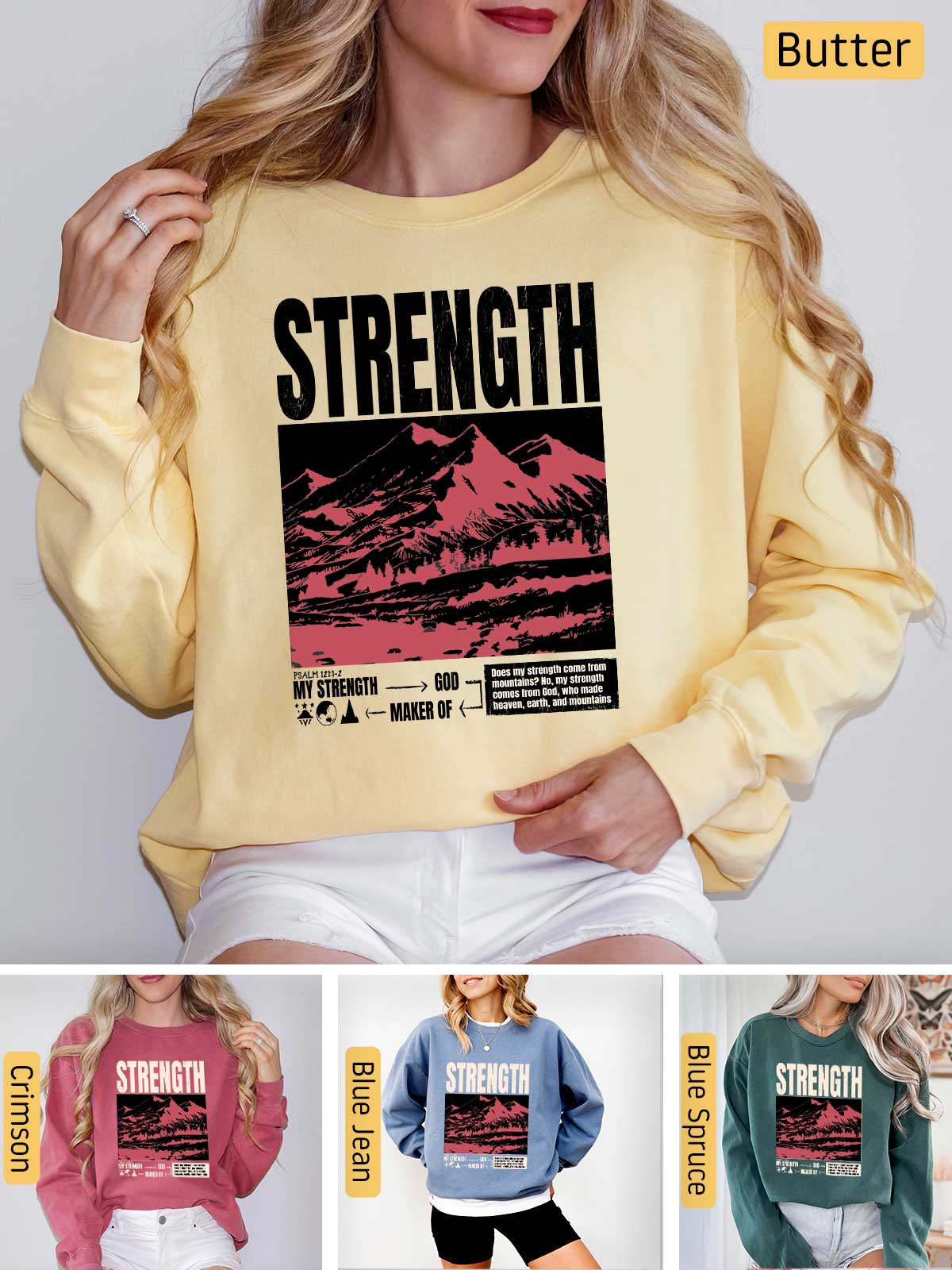 a woman wearing a sweatshirt with the words strength on it