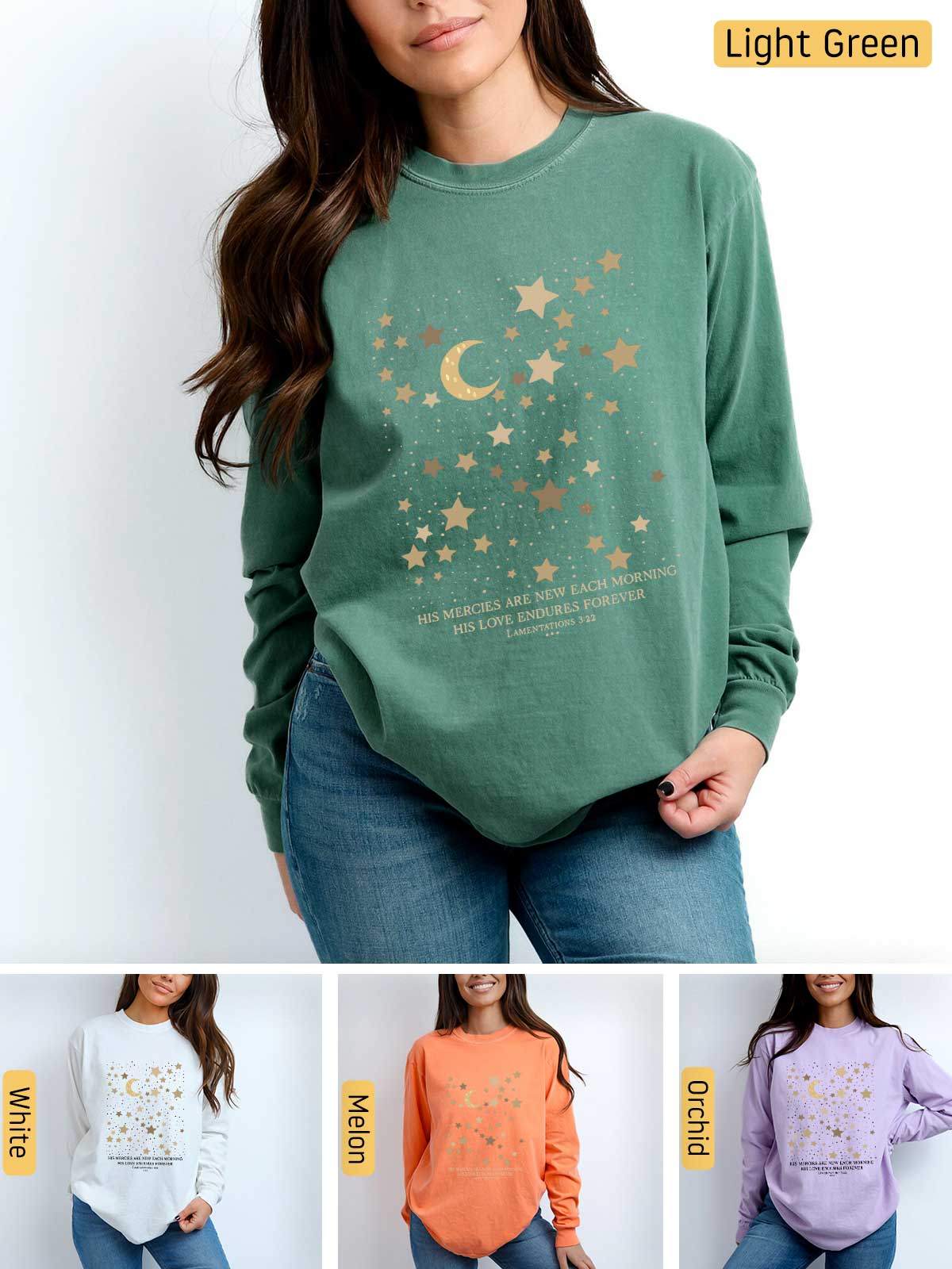 a woman wearing a sweatshirt with stars and a moon on it