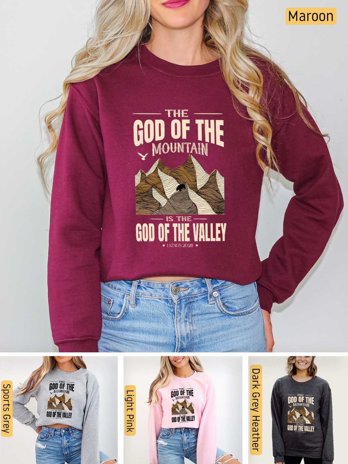 a woman wearing a sweatshirt that says the god of the mountain god of the valley