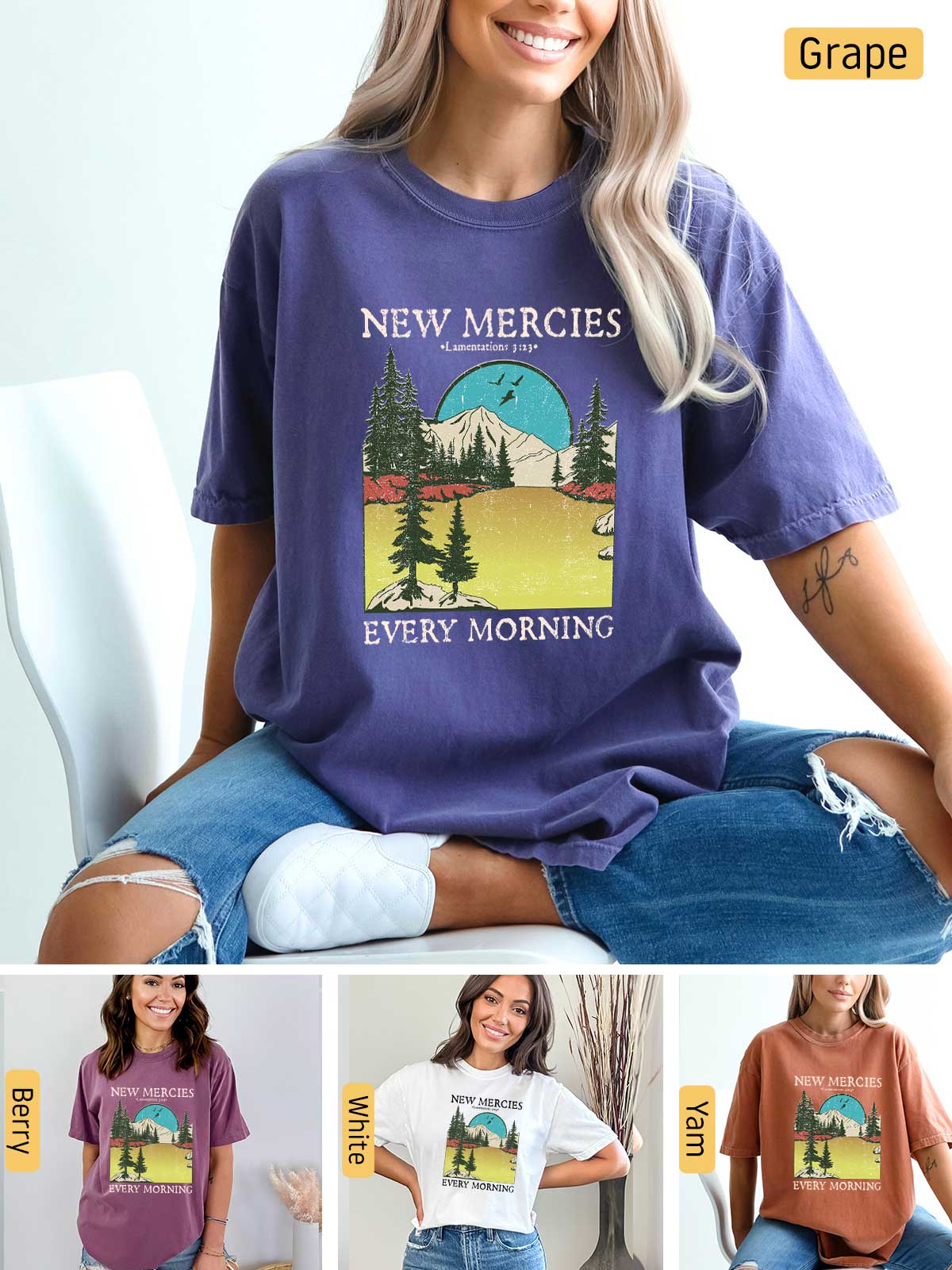 a woman wearing a new mercies every morning t - shirt