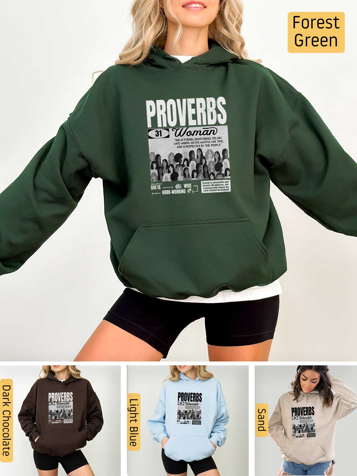 a woman wearing a green hoodie with the words provers on it