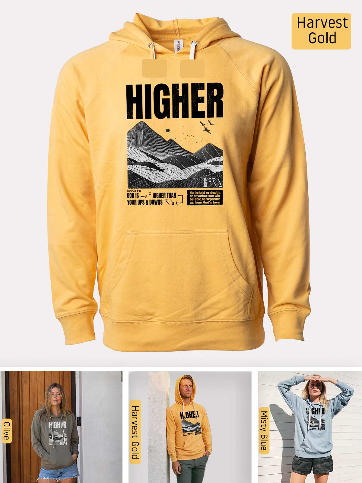 a yellow hoodie with a picture of a mountain on it