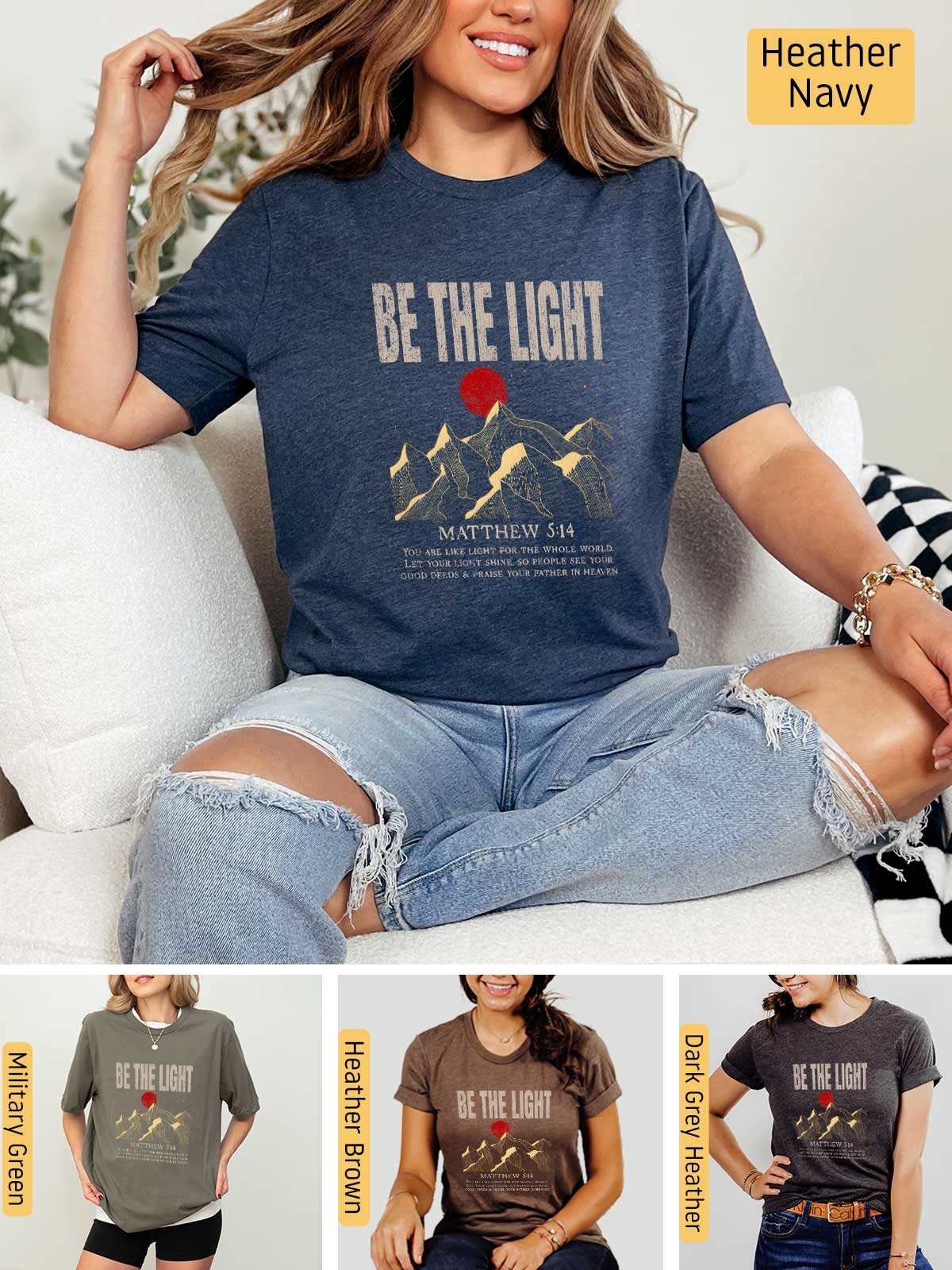 a woman sitting on a couch wearing a t - shirt that says be the light