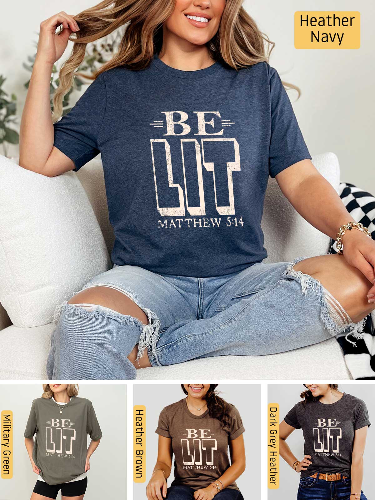 a woman sitting on a couch wearing a t - shirt