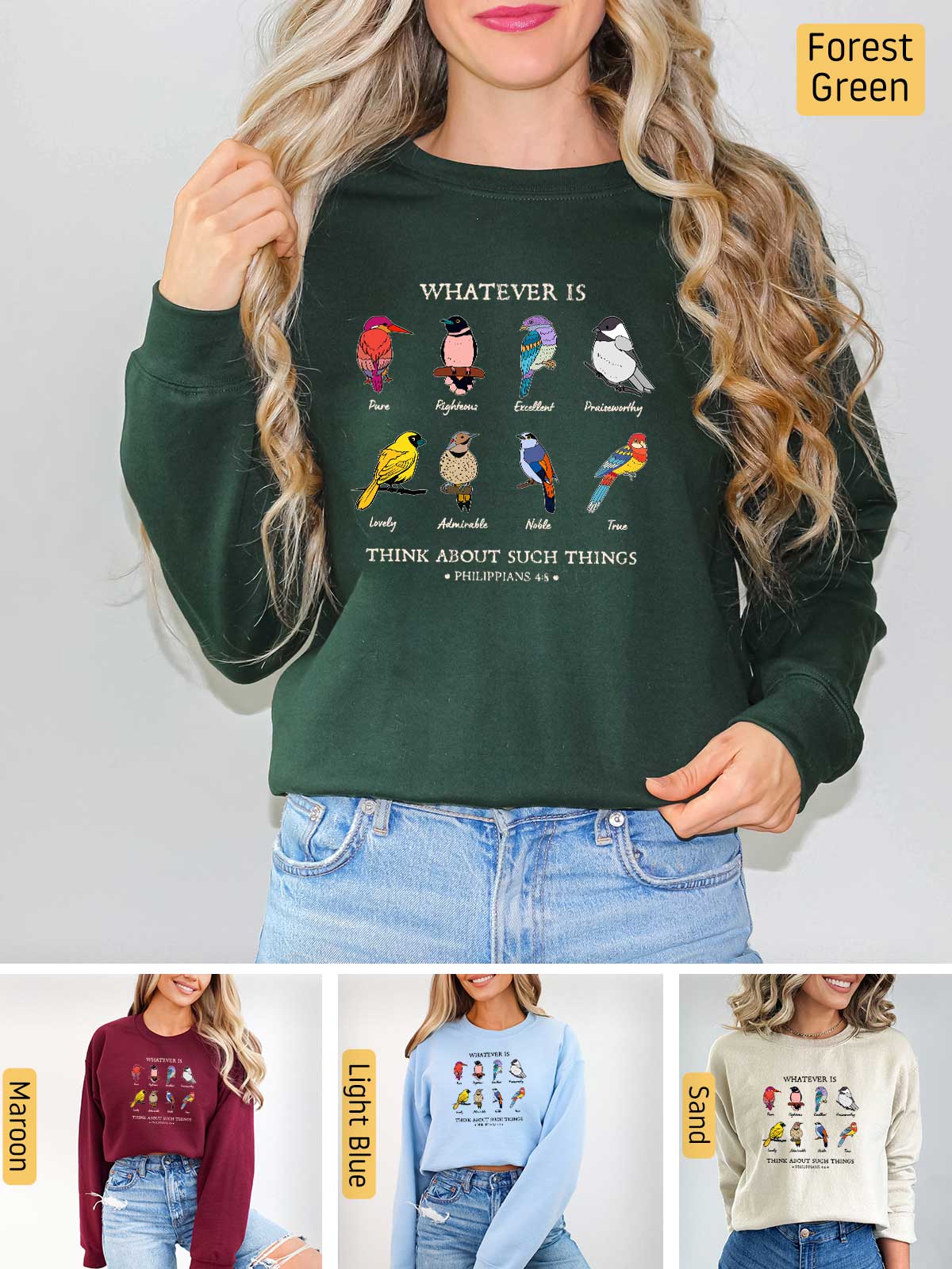 a woman wearing a green sweater with birds on it