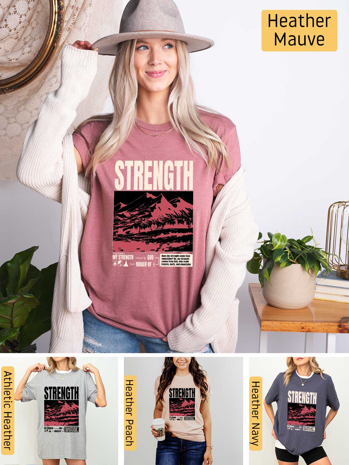 a woman wearing a hat and a shirt that says strength