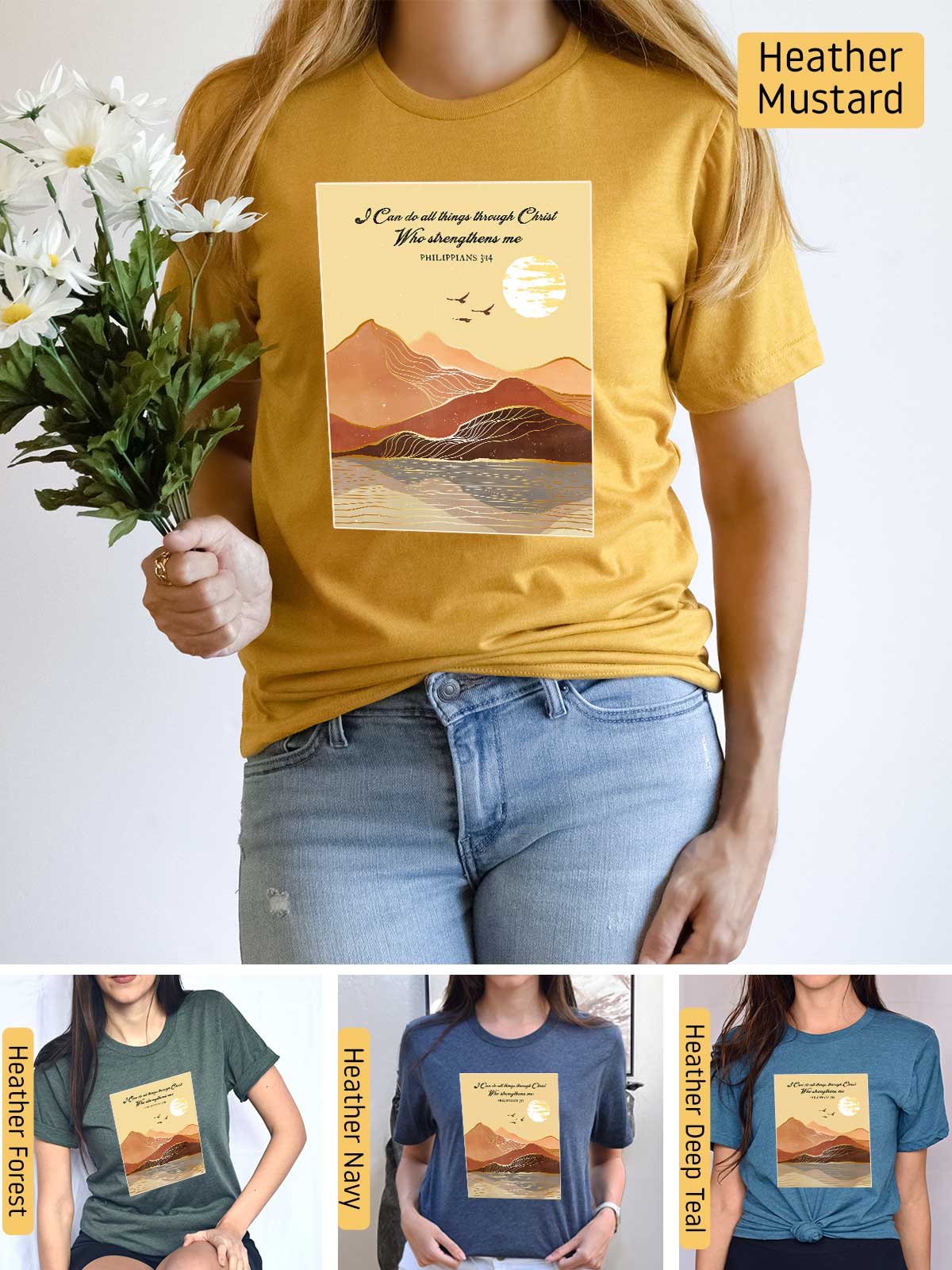 a woman wearing a t - shirt with a picture of mountains on it