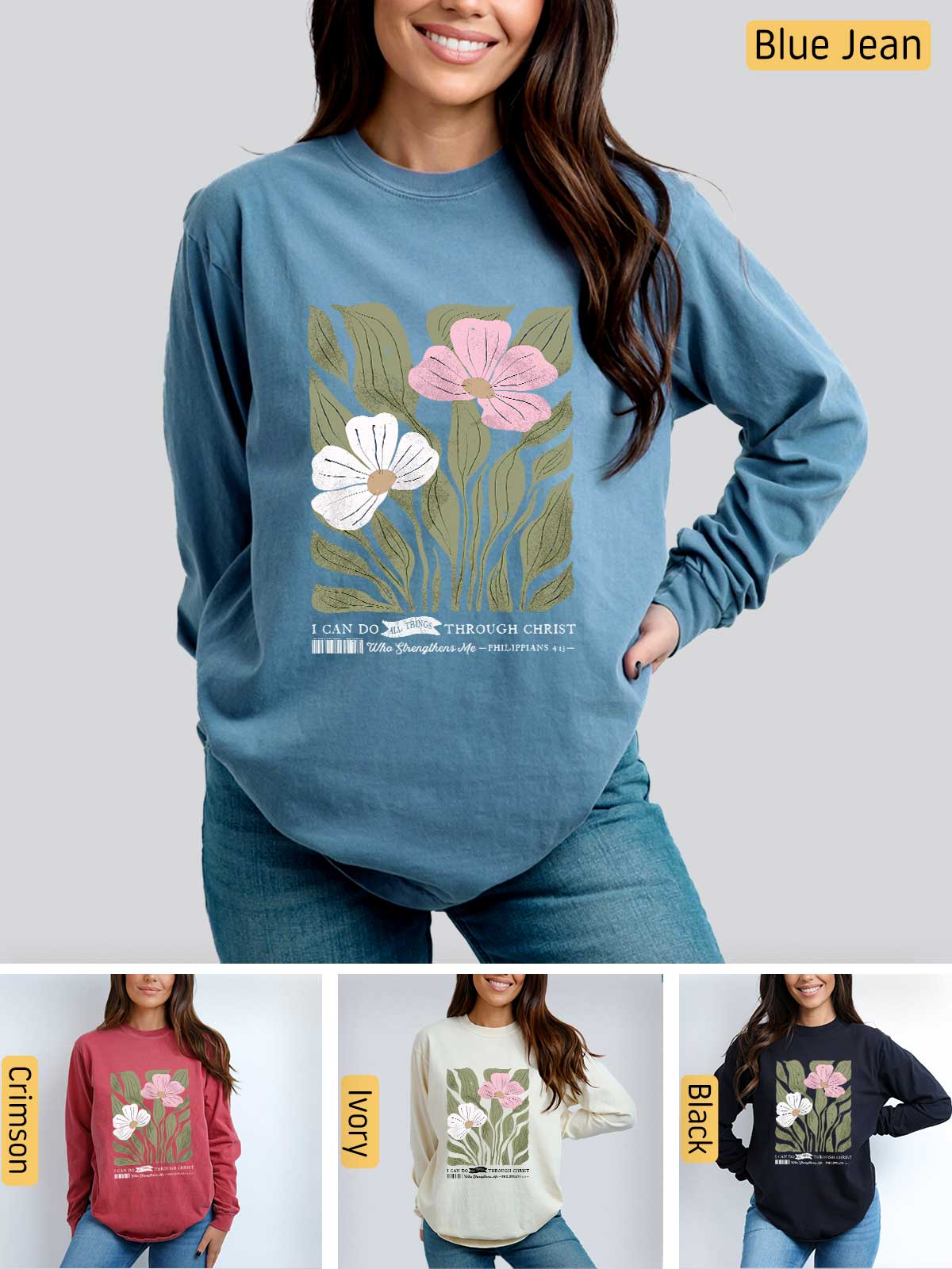 a woman wearing a sweatshirt with flowers on it