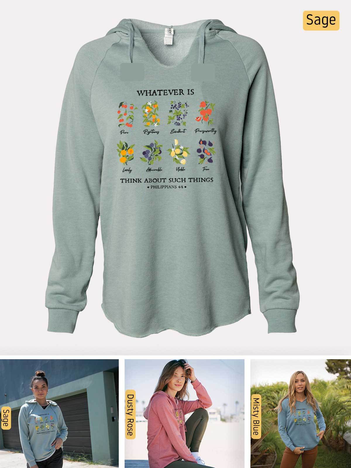 a woman wearing a sweatshirt with flowers on it