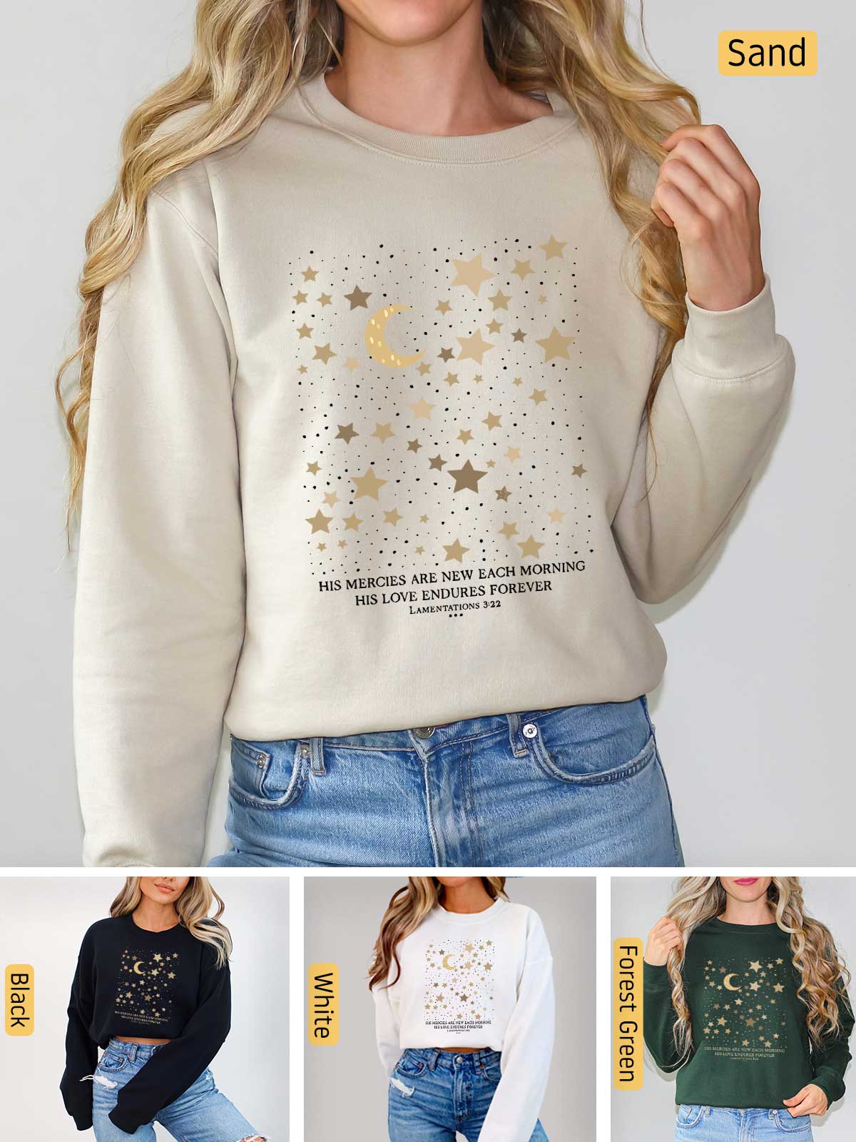 a woman wearing a sweater with stars and moon on it