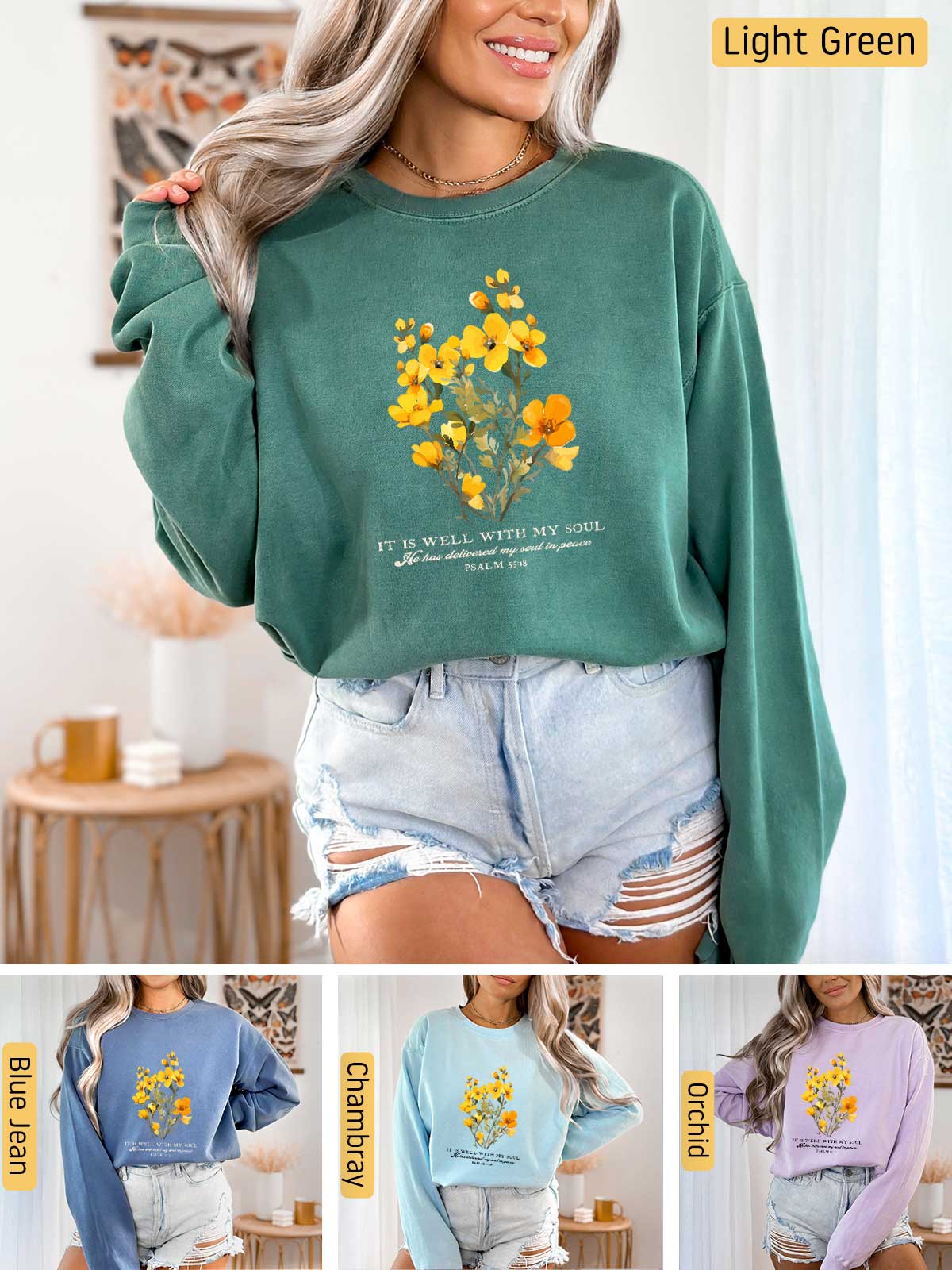 a woman wearing a green sweatshirt with yellow flowers on it