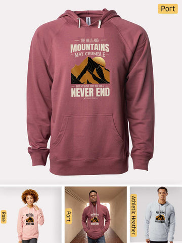 a man wearing a maroon hoodie with mountains on it